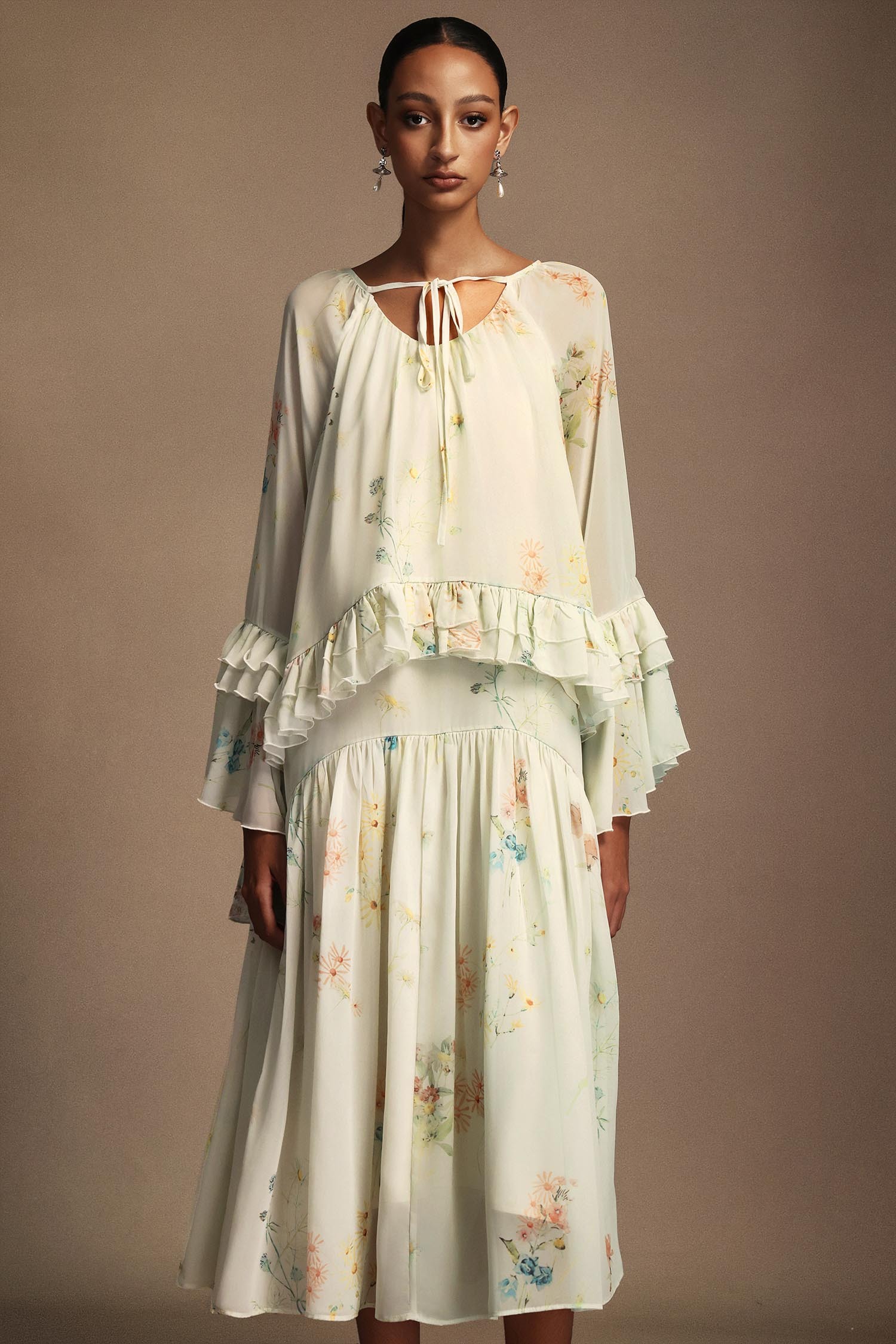 Tasanee Long Sleeves Floral Printed Top And Skirt Two-Piece Set