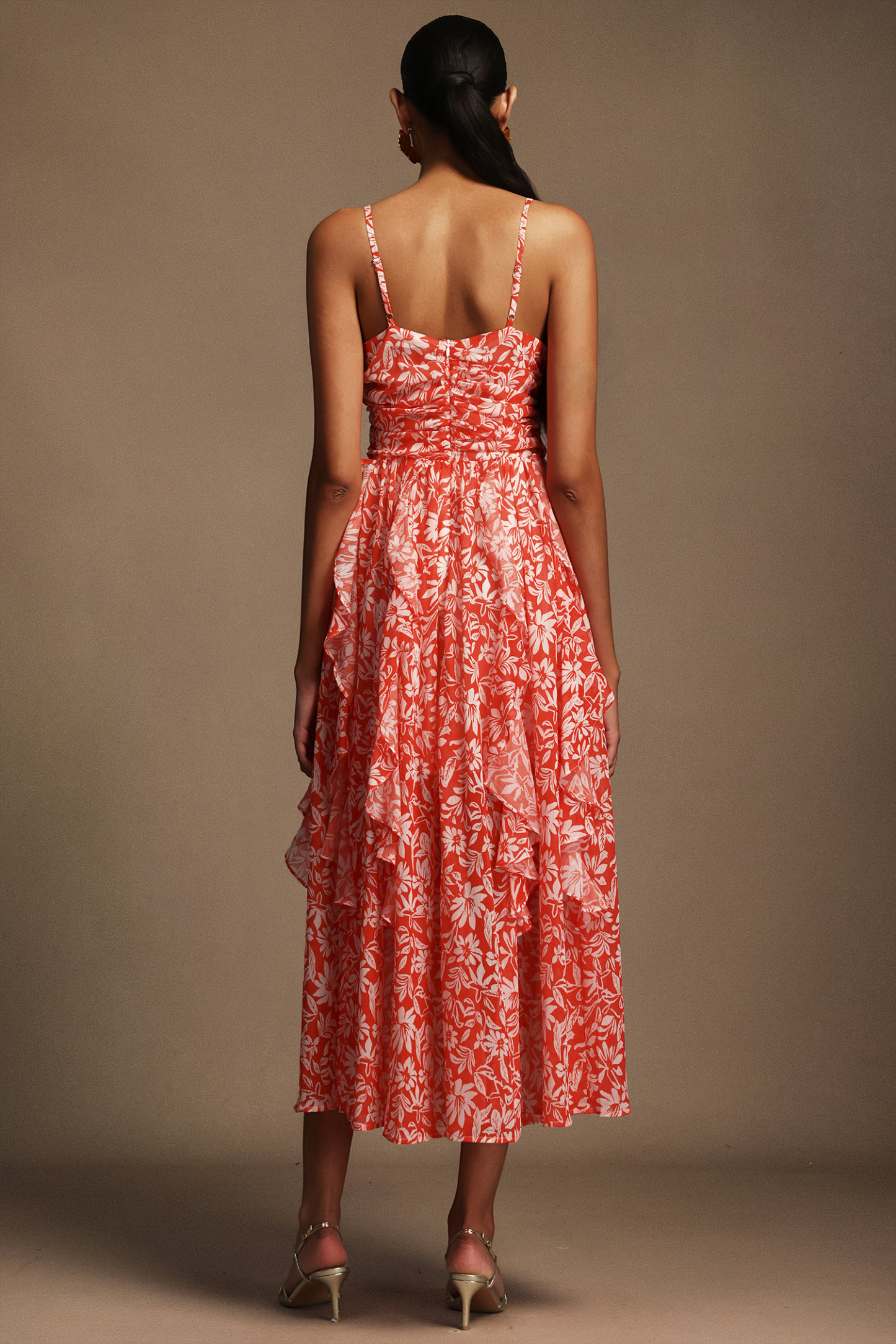 Malvina Halter Folds Floral Printed Midi Dress