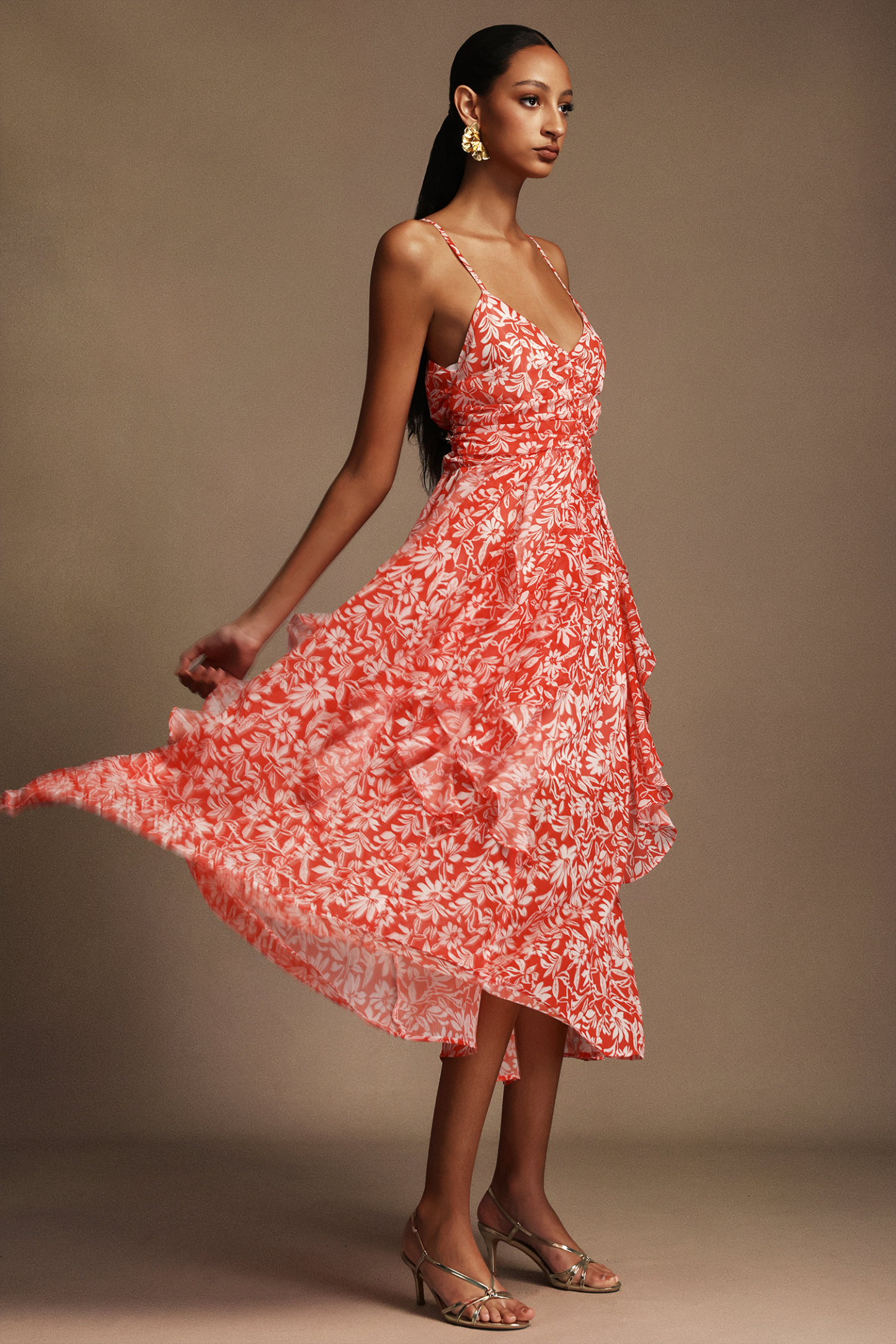 Malvina Halter Folds Floral Printed Midi Dress