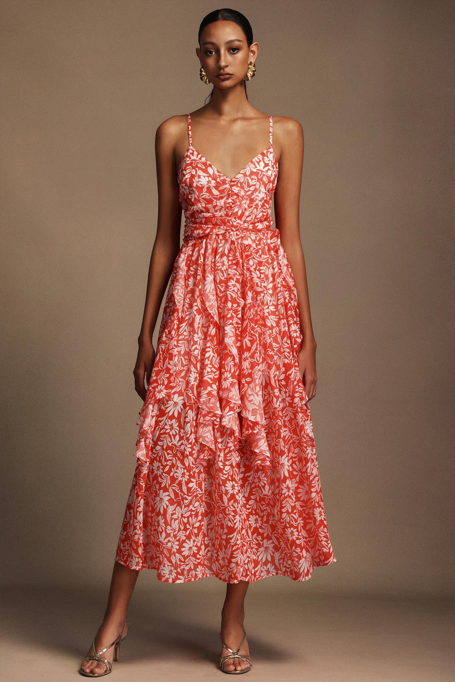 Malvina Halter Folds Floral Printed Midi Dress