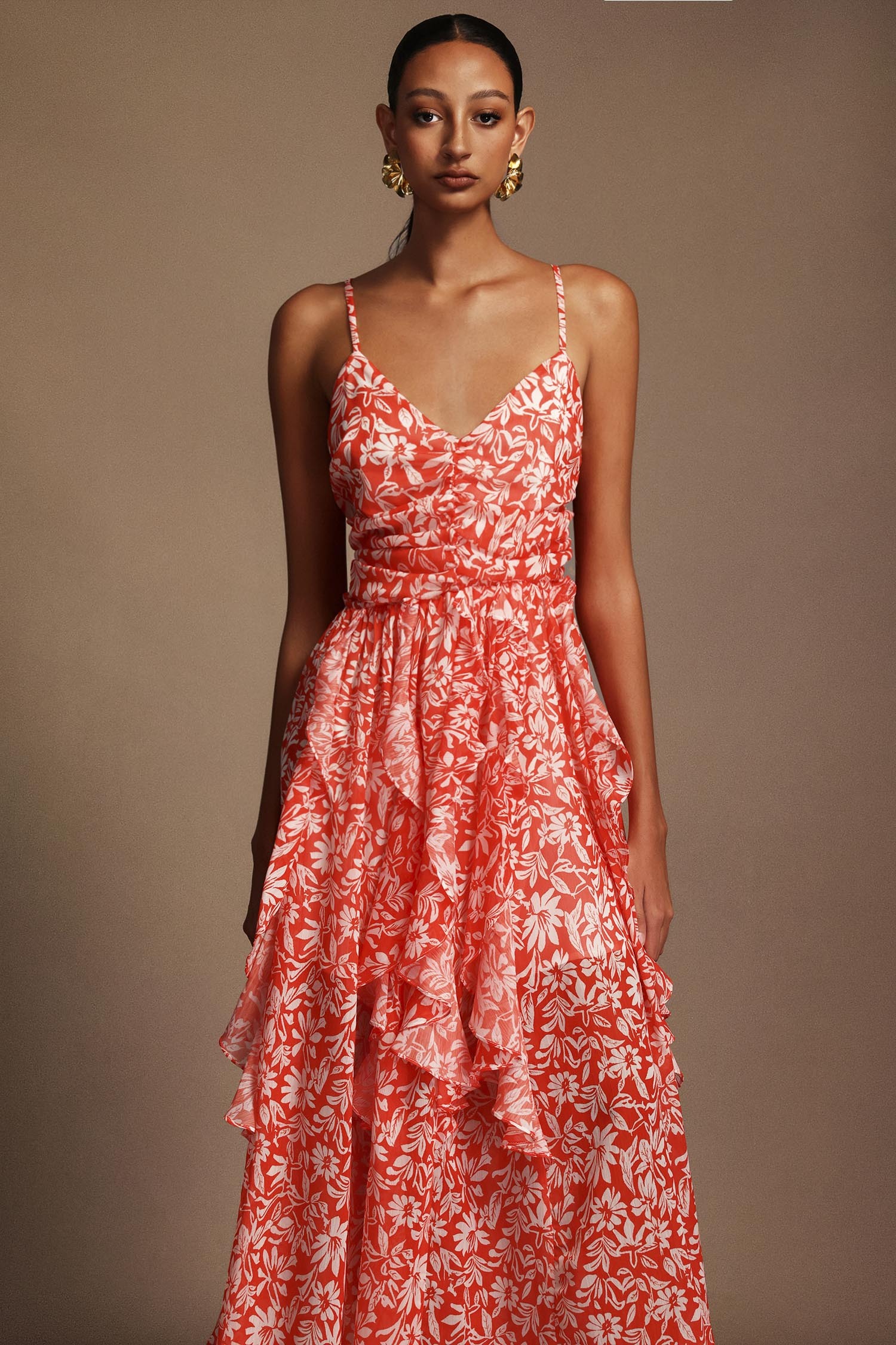 Malvina Halter Folds Floral Printed Midi Dress