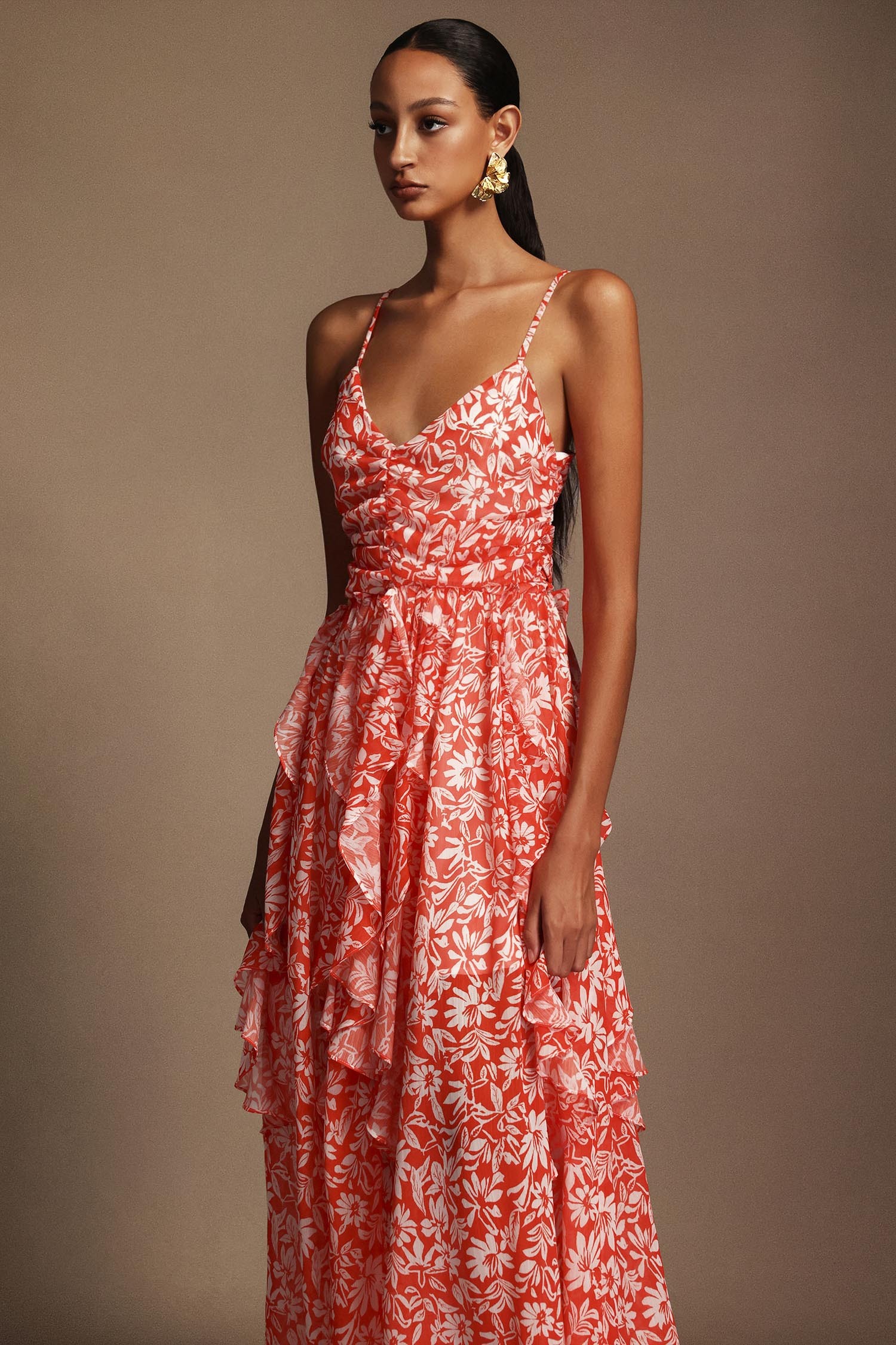 Malvina Halter Folds Floral Printed Midi Dress