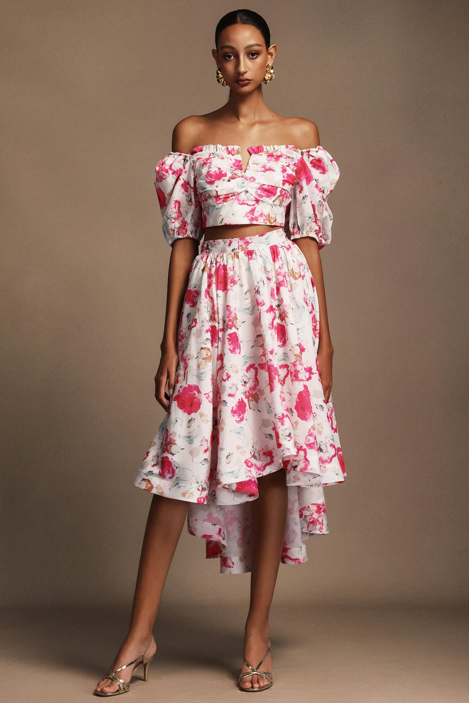 Edith Floral Printed Puff Sleeves Top And Skirt Two-Piece Set