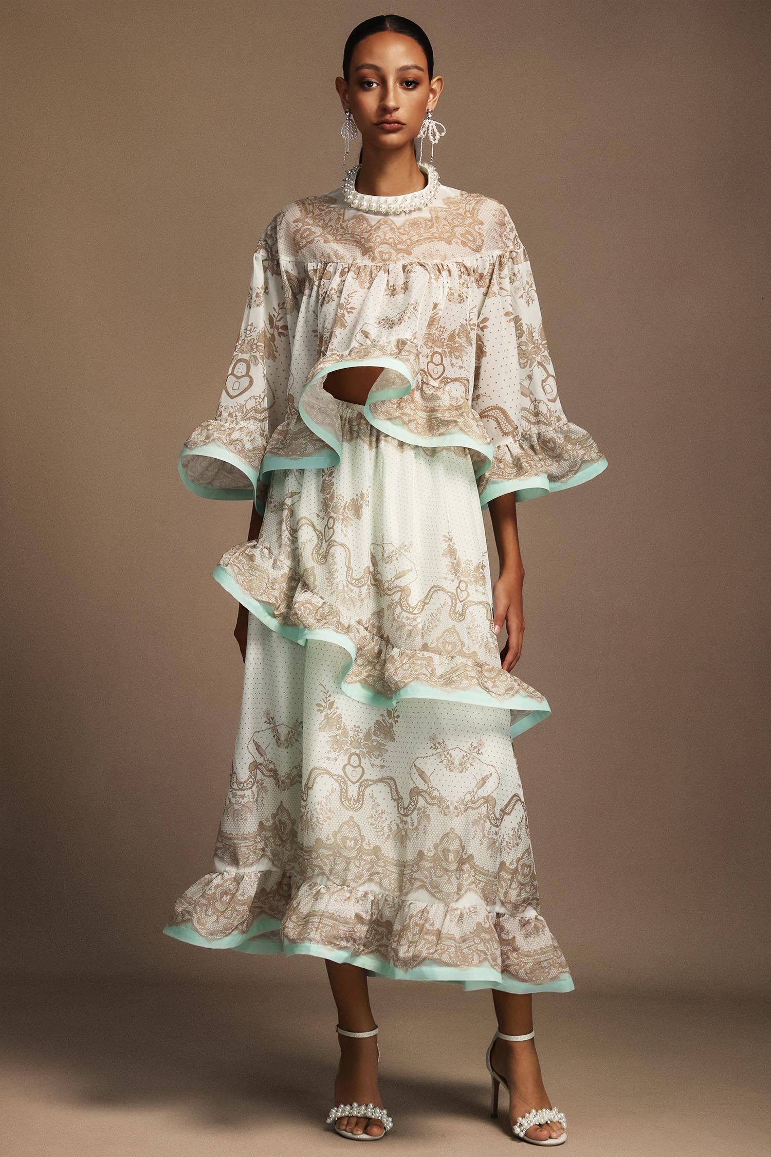 Suly Floral Printed Folds Asymmetric Top And Skirt Two-Piece Set