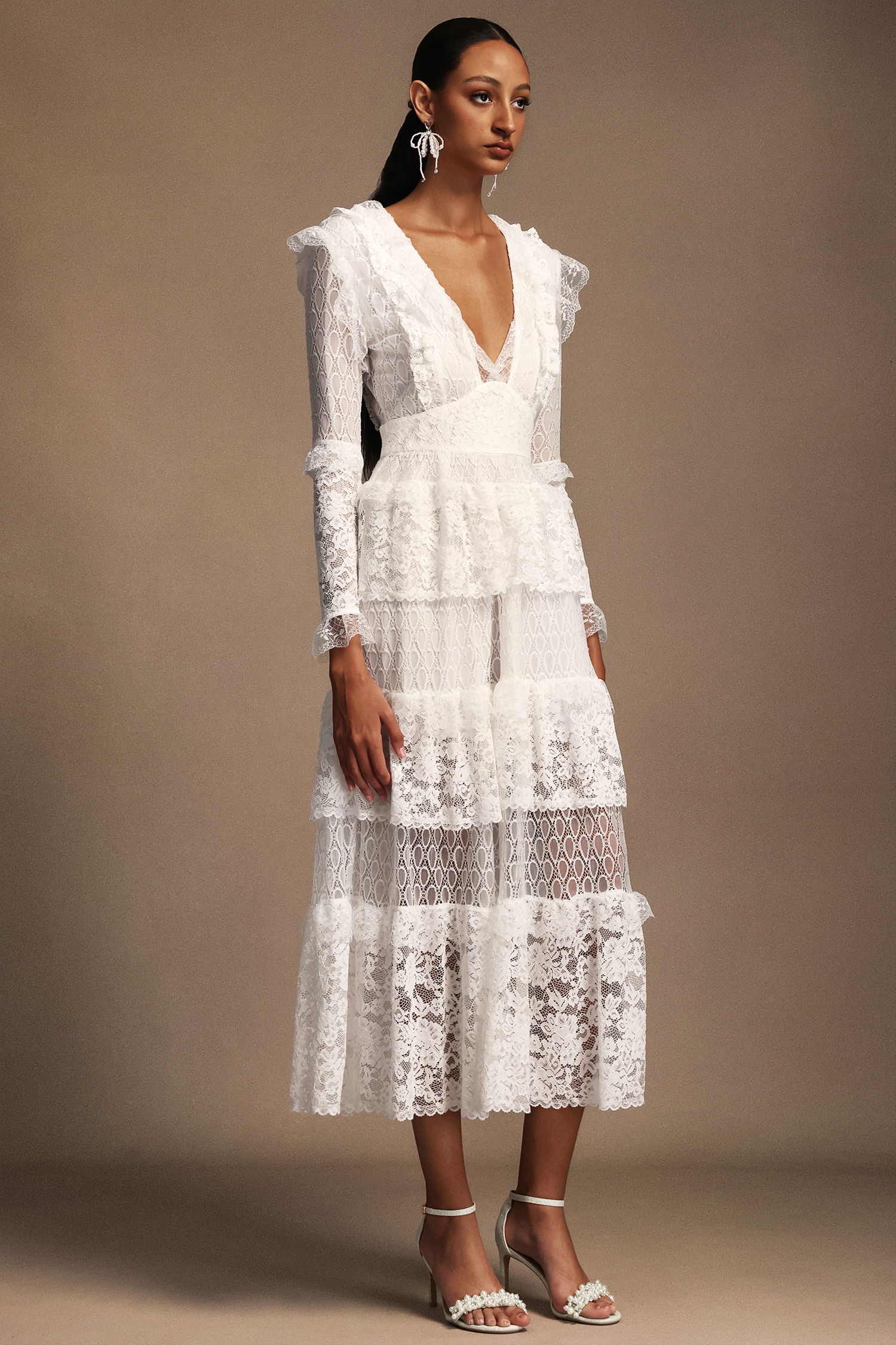 Solvia V-Neck Long Sleeves Layered Lace Midi Dress