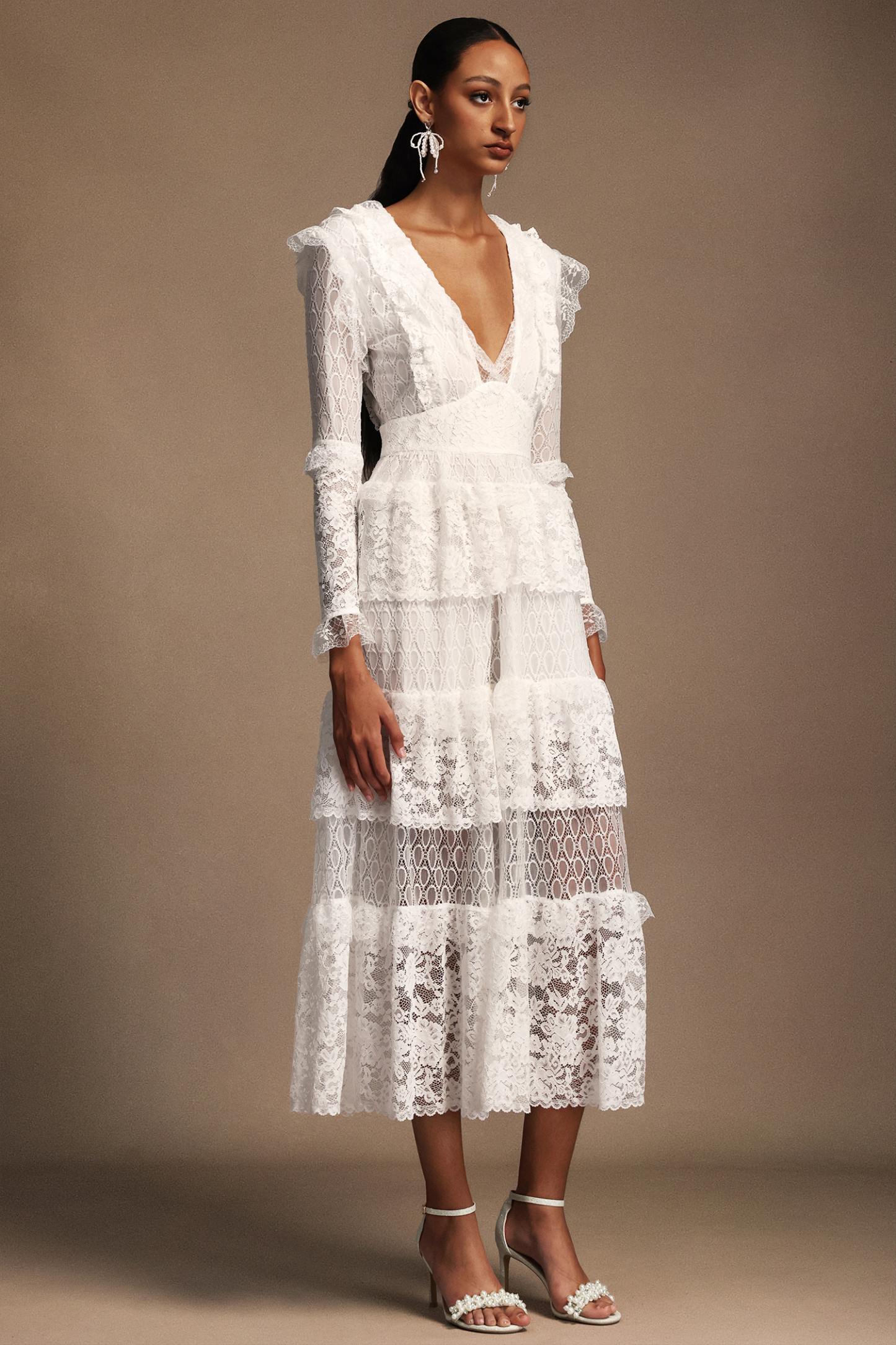 Solvia V-Neck Long Sleeves Layered Lace Midi Dress