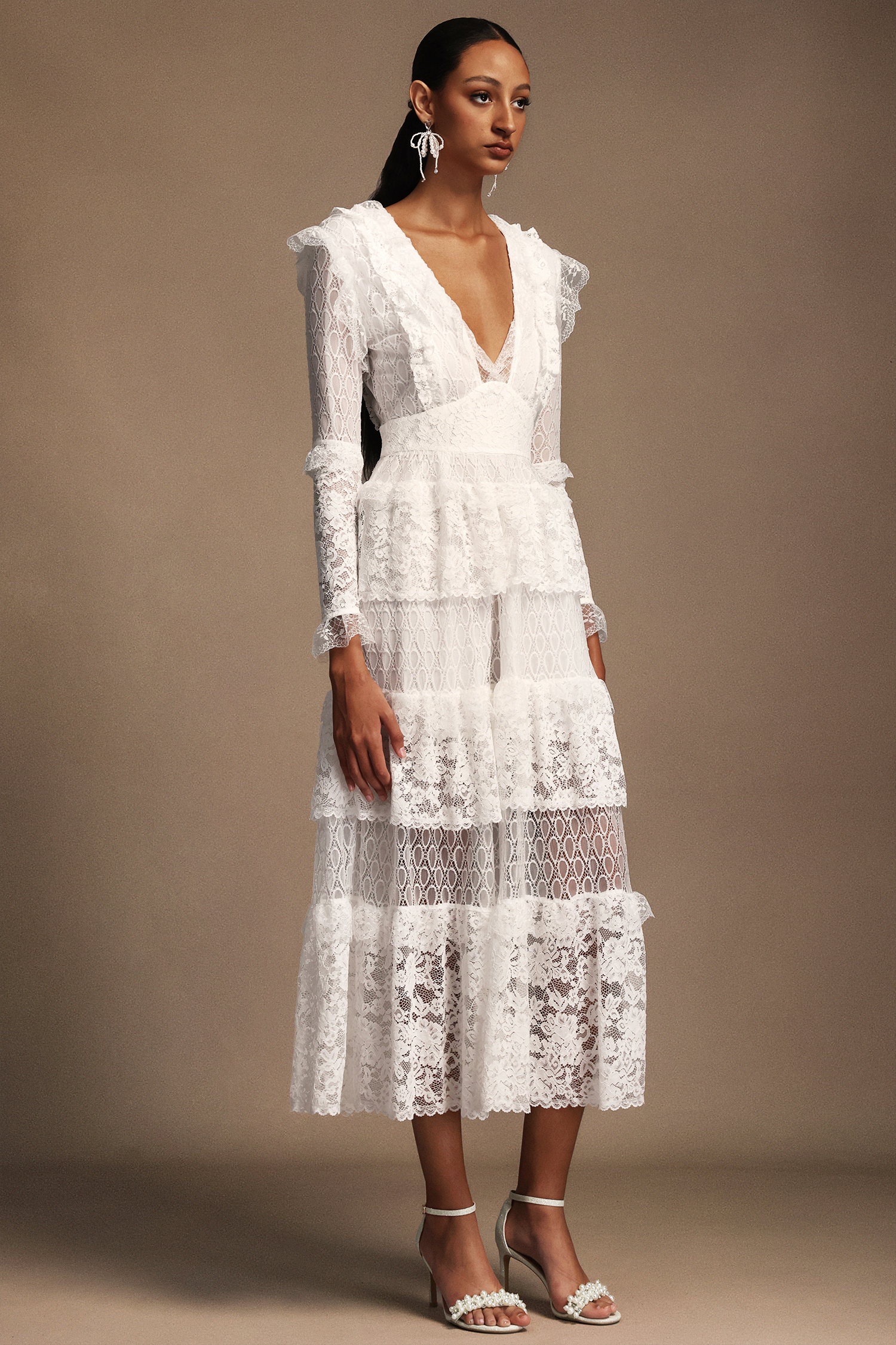 Solvia V-Neck Long Sleeves Layered Lace Midi Dress