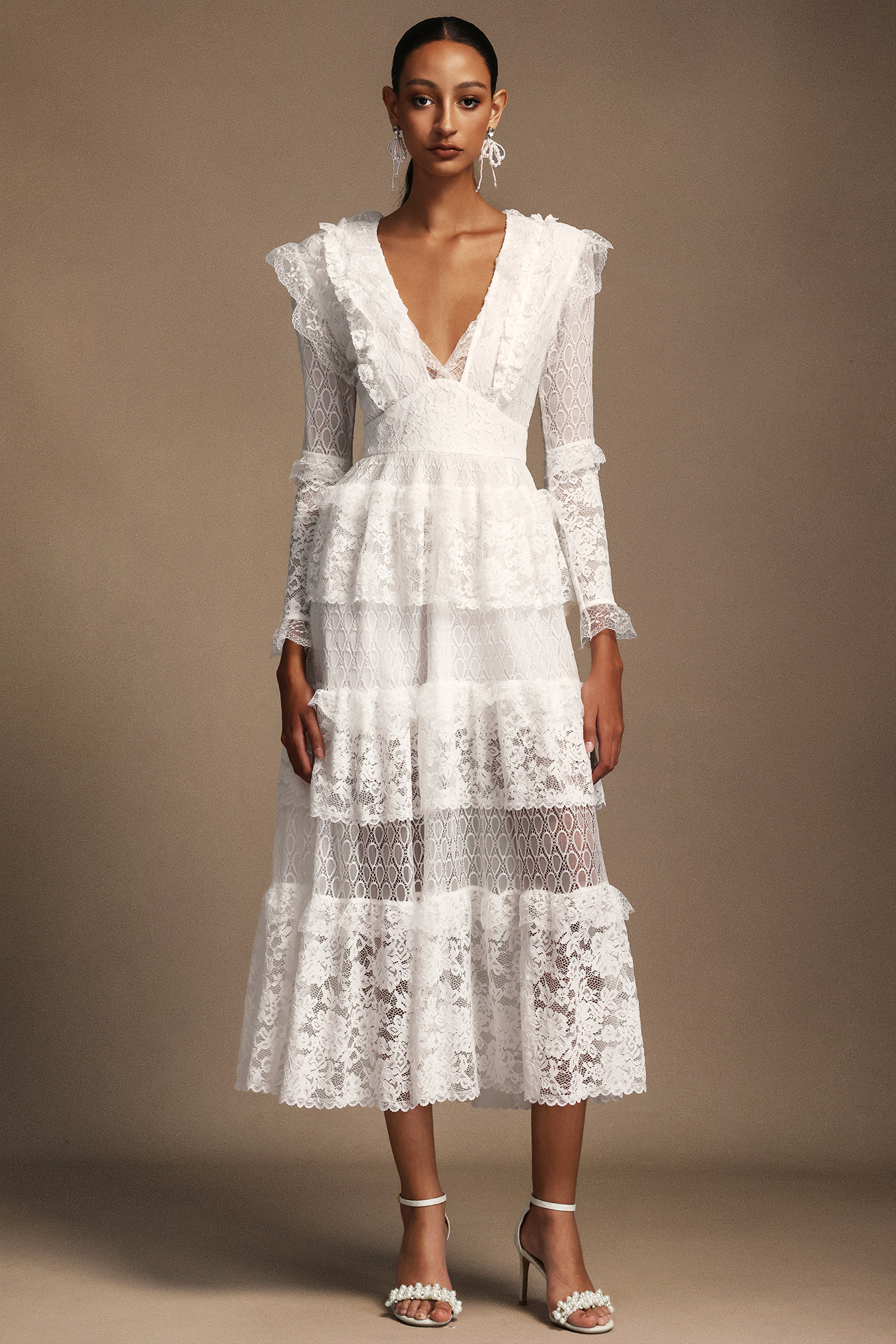 Solvia V-Neck Long Sleeves Layered Lace Midi Dress