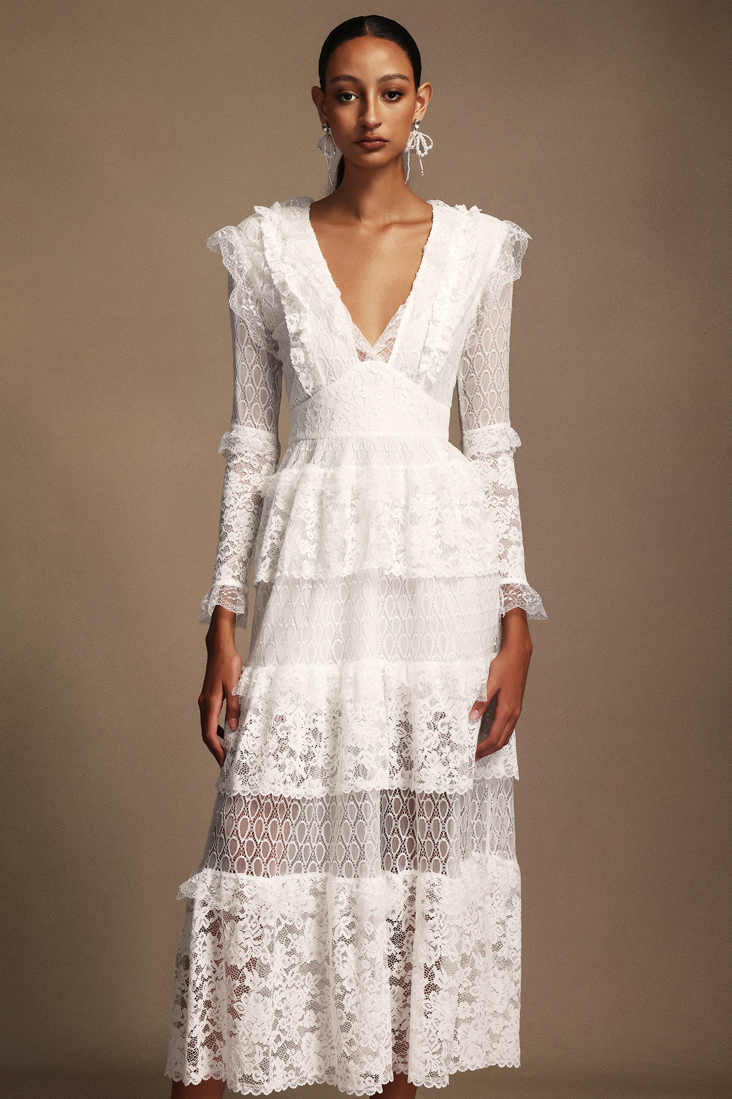 Solvia V-Neck Long Sleeves Layered Lace Midi Dress