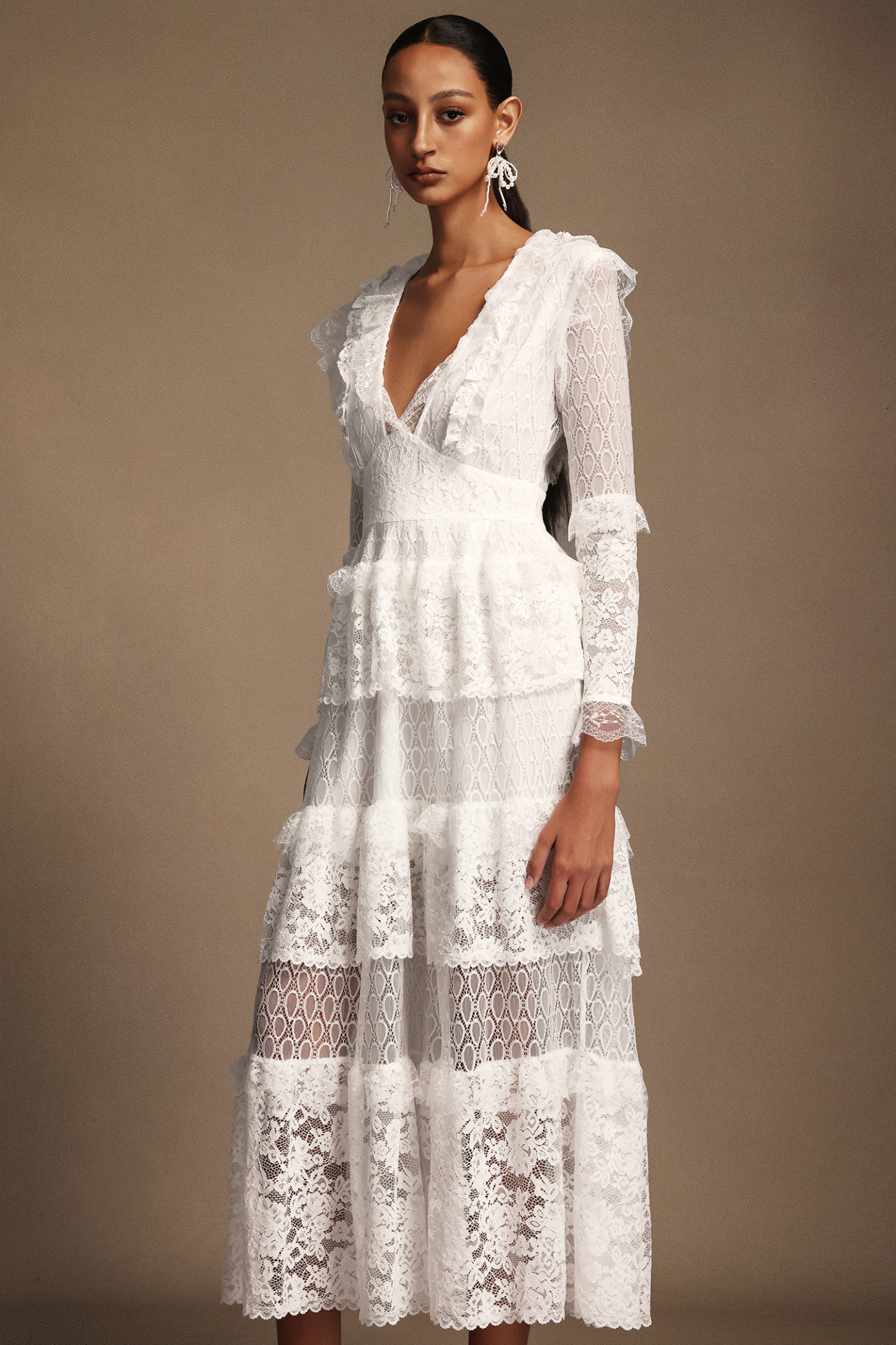 Solvia V-Neck Long Sleeves Layered Lace Midi Dress