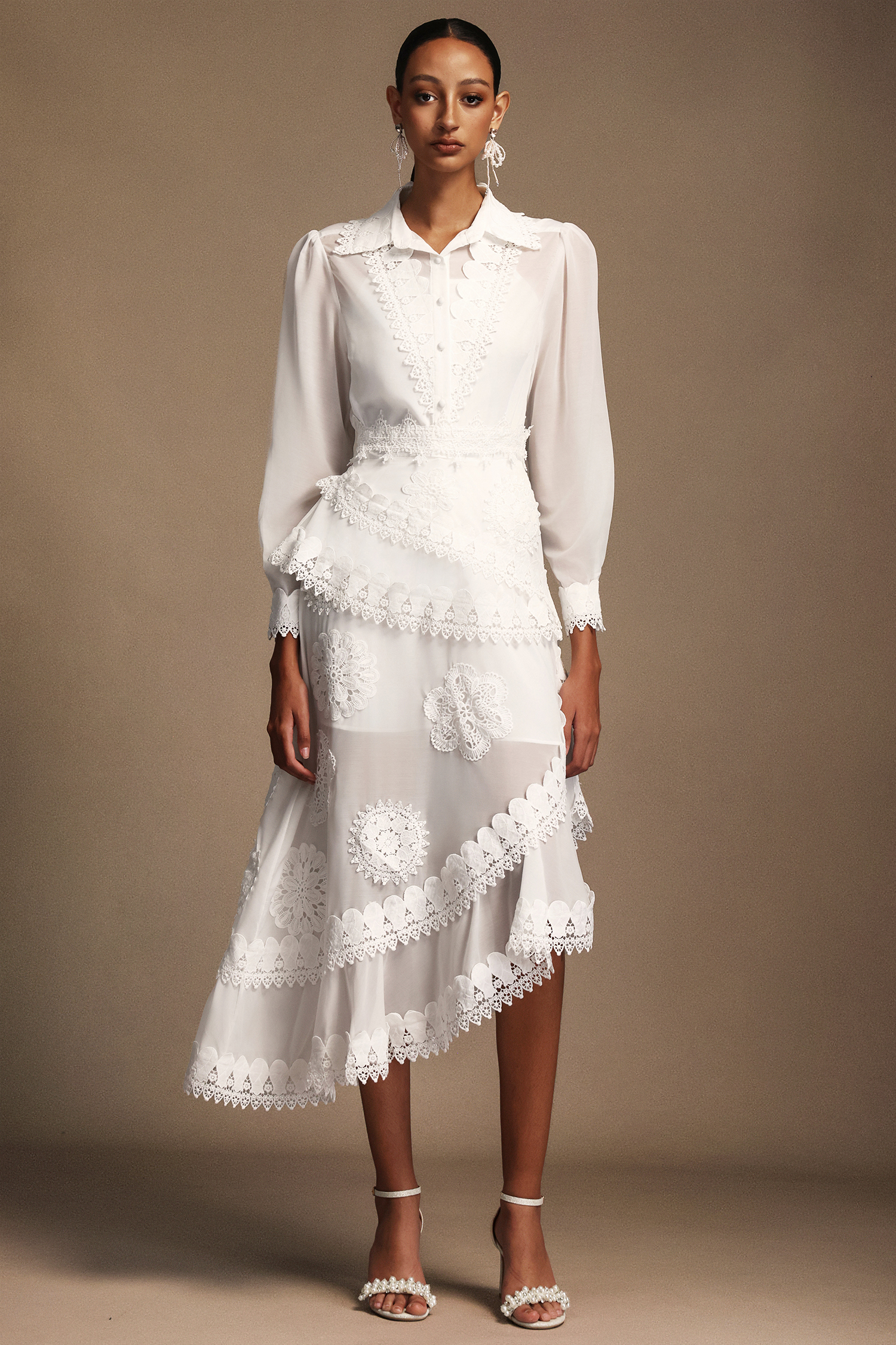 Ferina Long Sleeves Lace Asymmetric Midi Dress Two-Piece Set