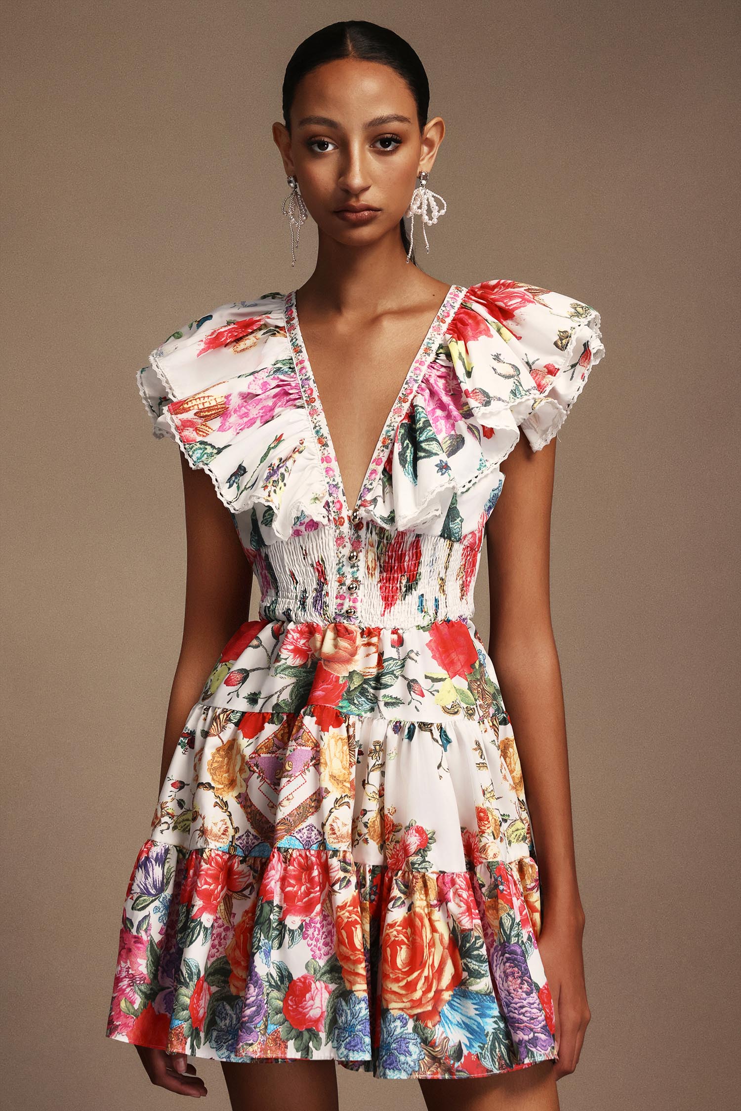 Majrela V-Neck Folds Floral Printed Mini Dress