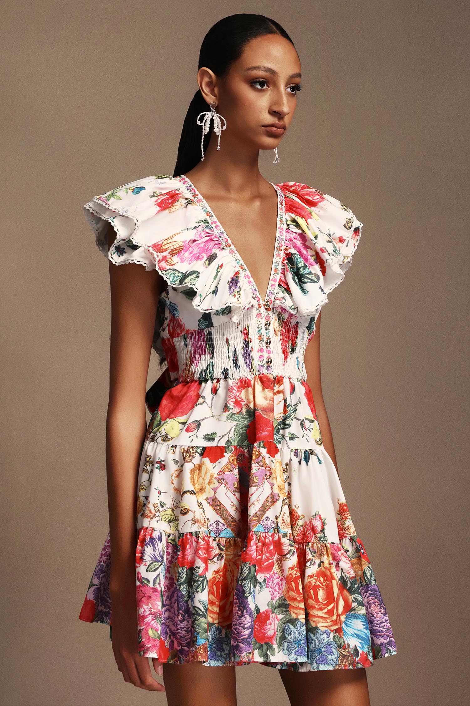 Majrela V-Neck Folds Floral Printed Mini Dress
