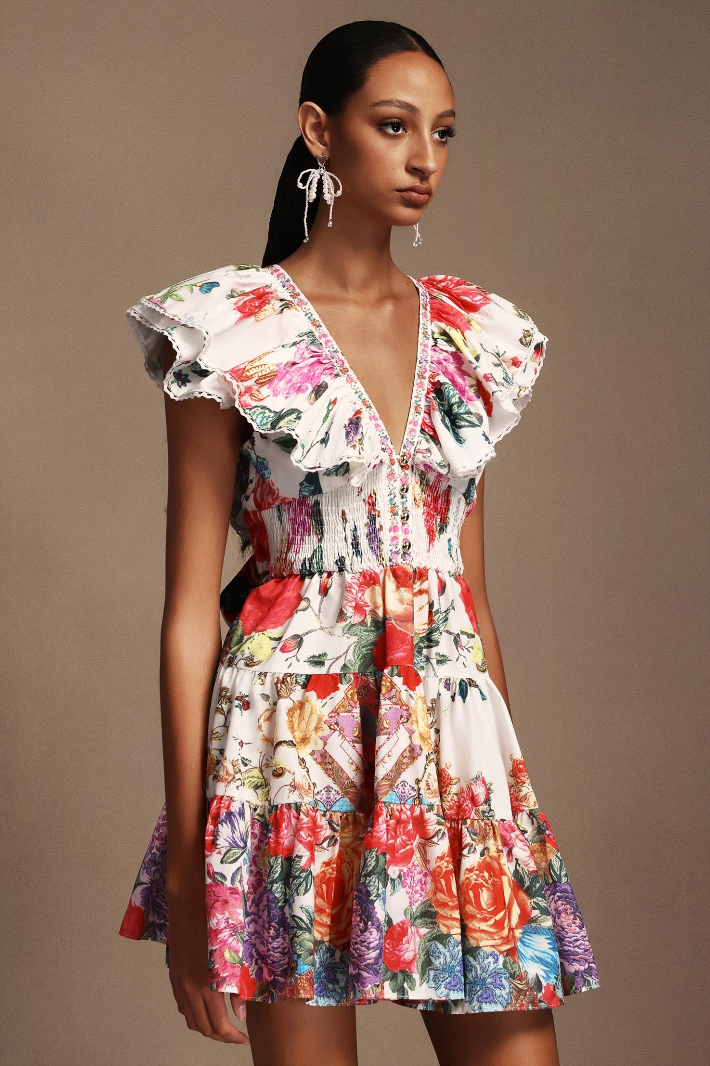 Majrela V-Neck Folds Floral Printed Mini Dress