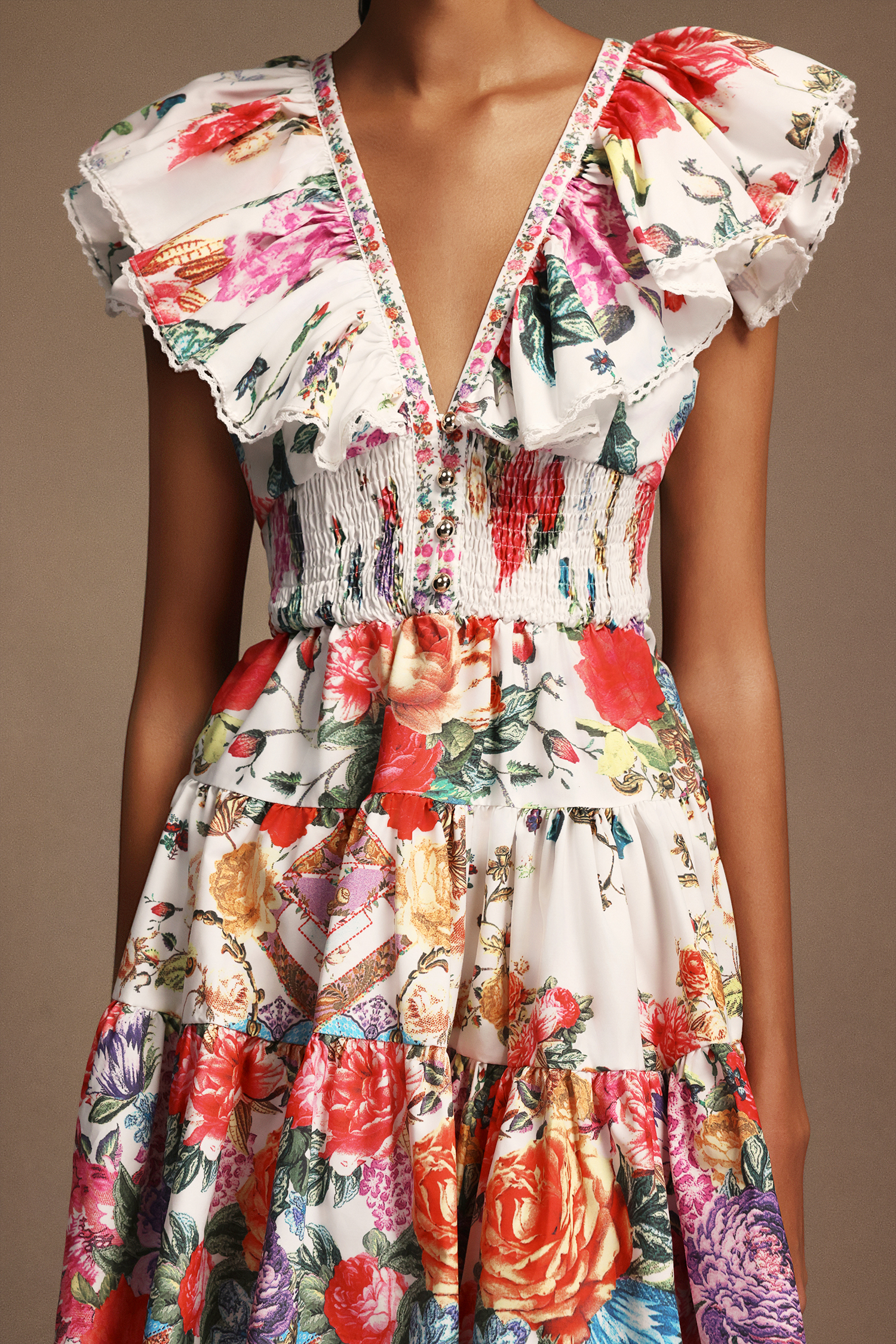 Majrela V-Neck Folds Floral Printed Mini Dress