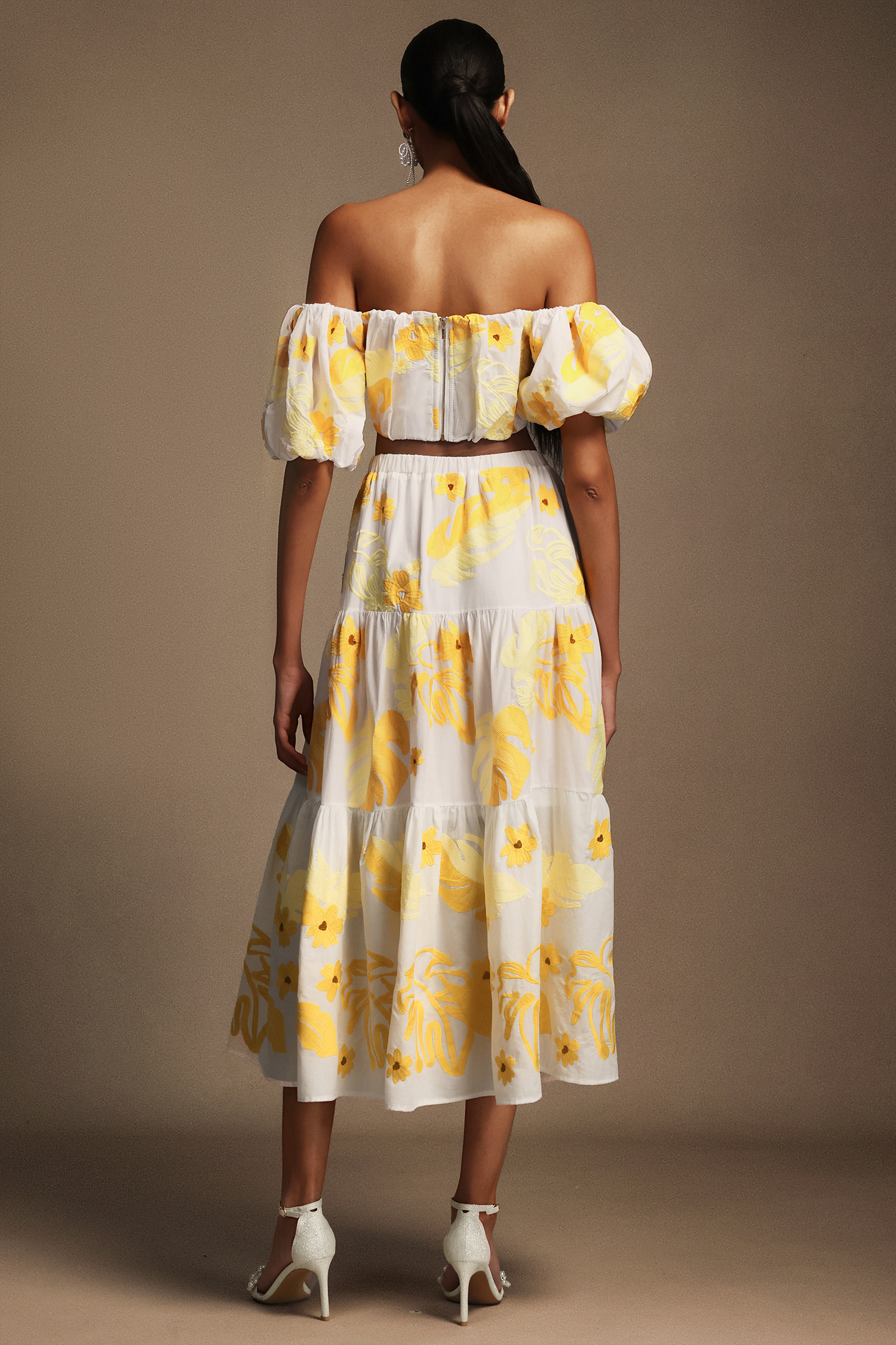 Floral Off-The-Shoulder Floral Printed Puff Sleeves Two-Piece Set
