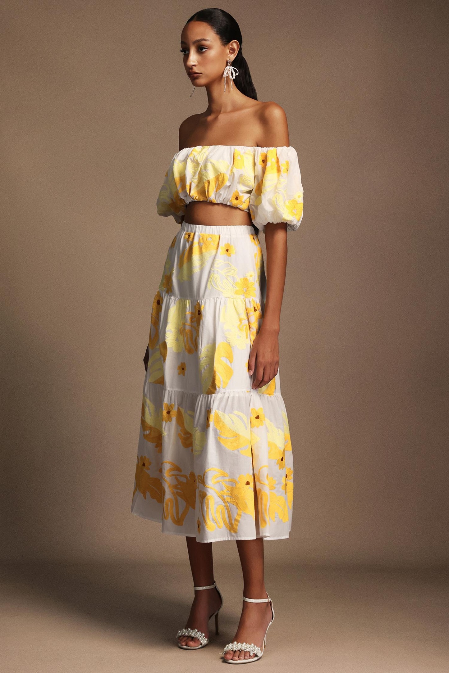 Floral Off-The-Shoulder Floral Printed Puff Sleeves Two-Piece Set
