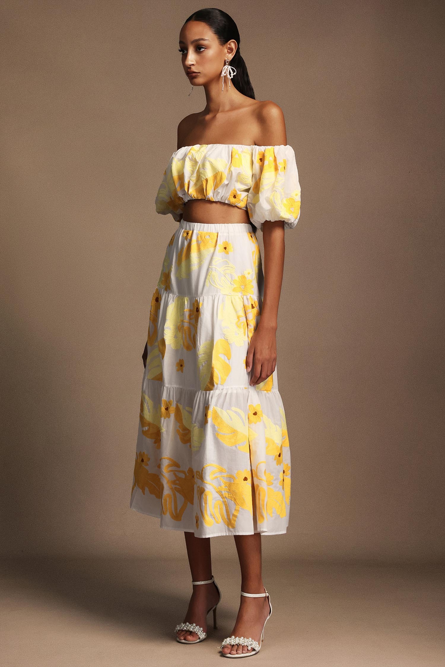 Floral Off-The-Shoulder Floral Printed Puff Sleeves Two-Piece Set