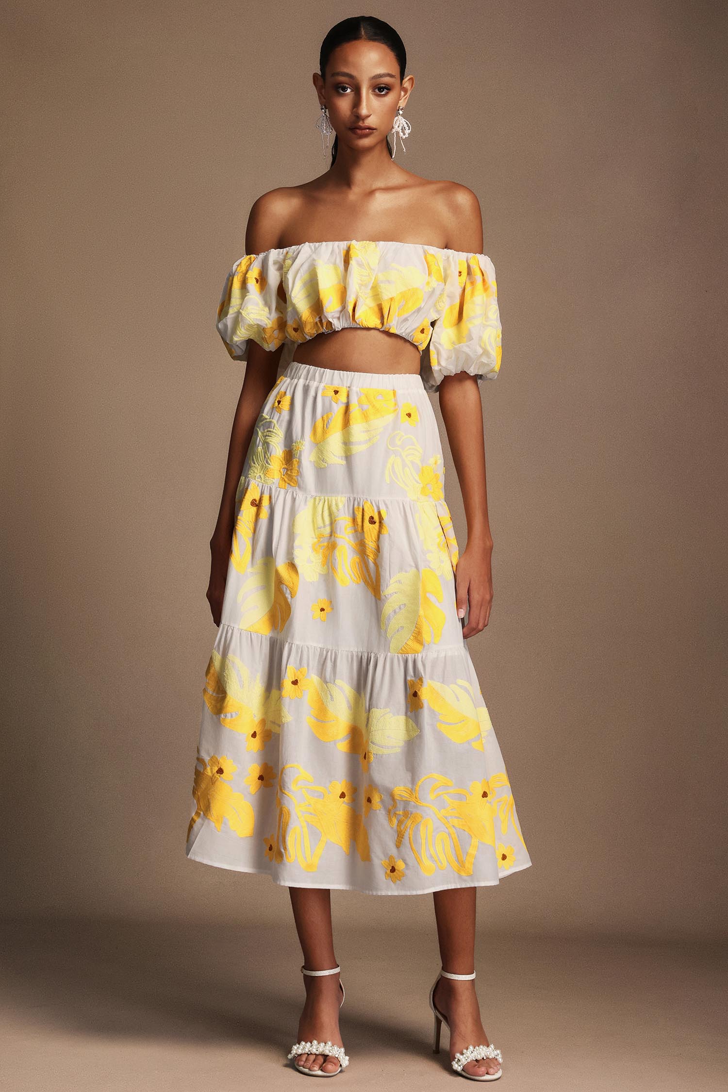 Floral Off-The-Shoulder Floral Printed Puff Sleeves Two-Piece Set