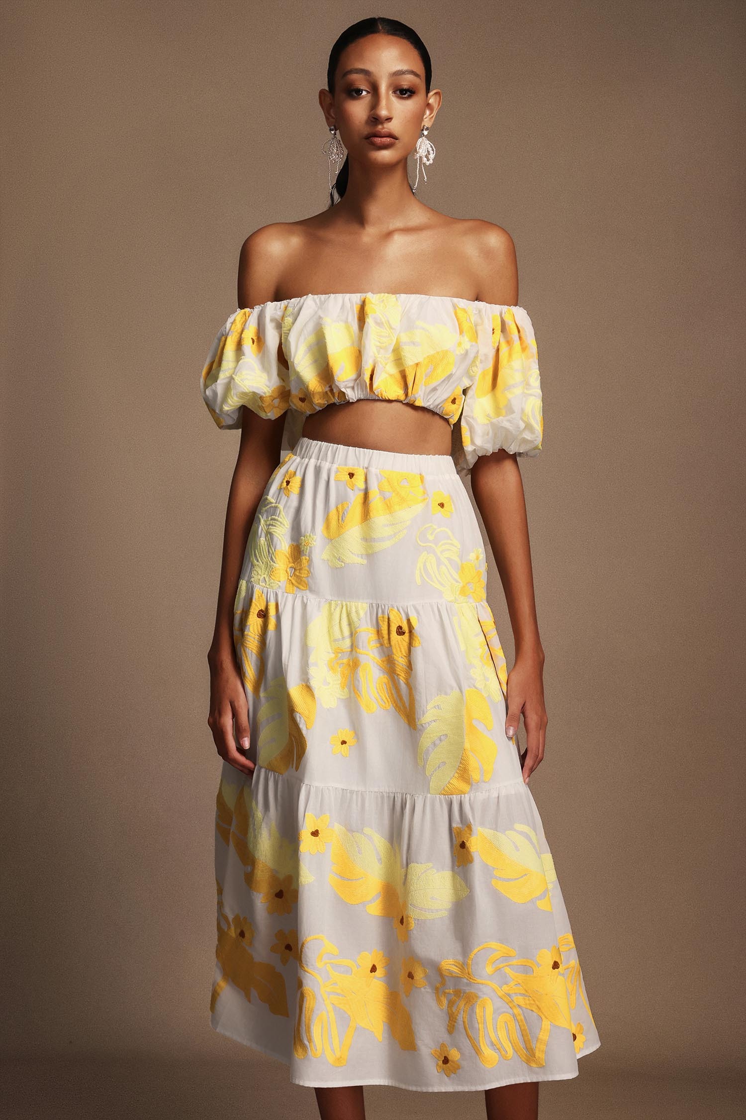 Floral Off-The-Shoulder Floral Printed Puff Sleeves Two-Piece Set