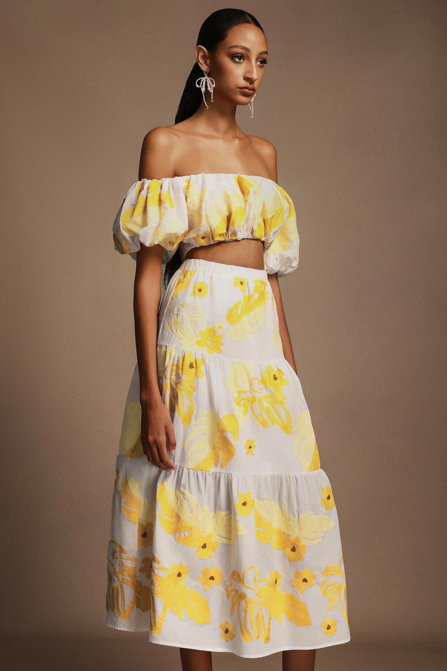 Floral Off-The-Shoulder Floral Printed Puff Sleeves Two-Piece Set
