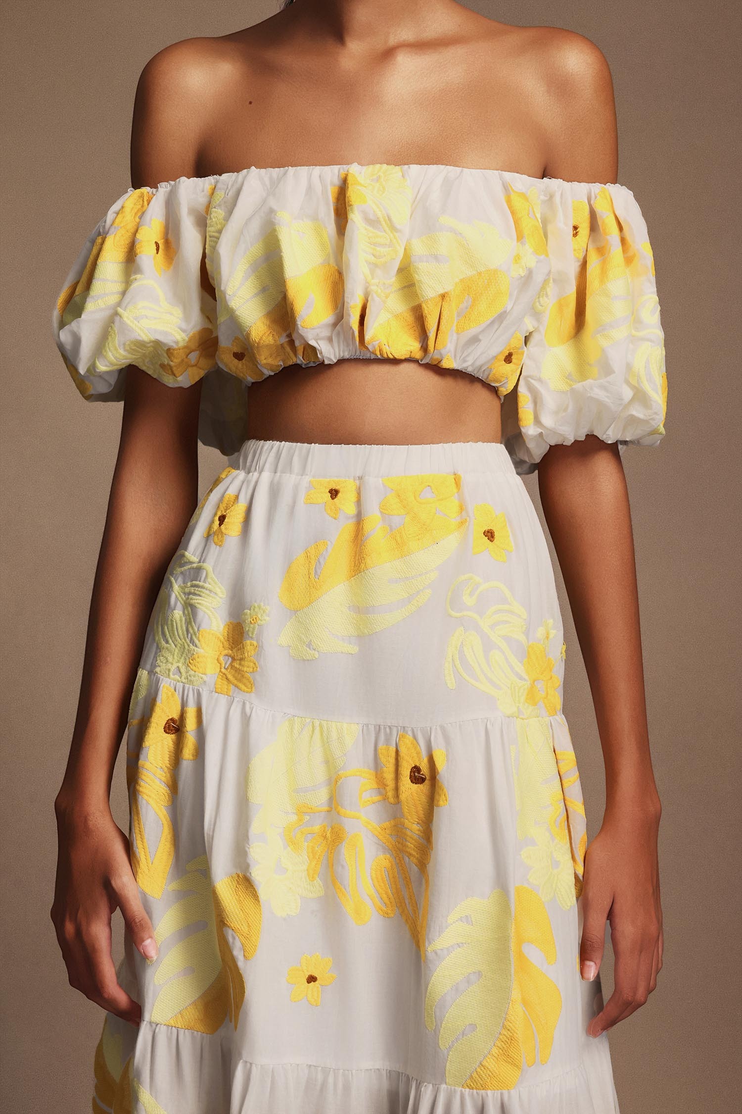 Floral Off-The-Shoulder Floral Printed Puff Sleeves Two-Piece Set
