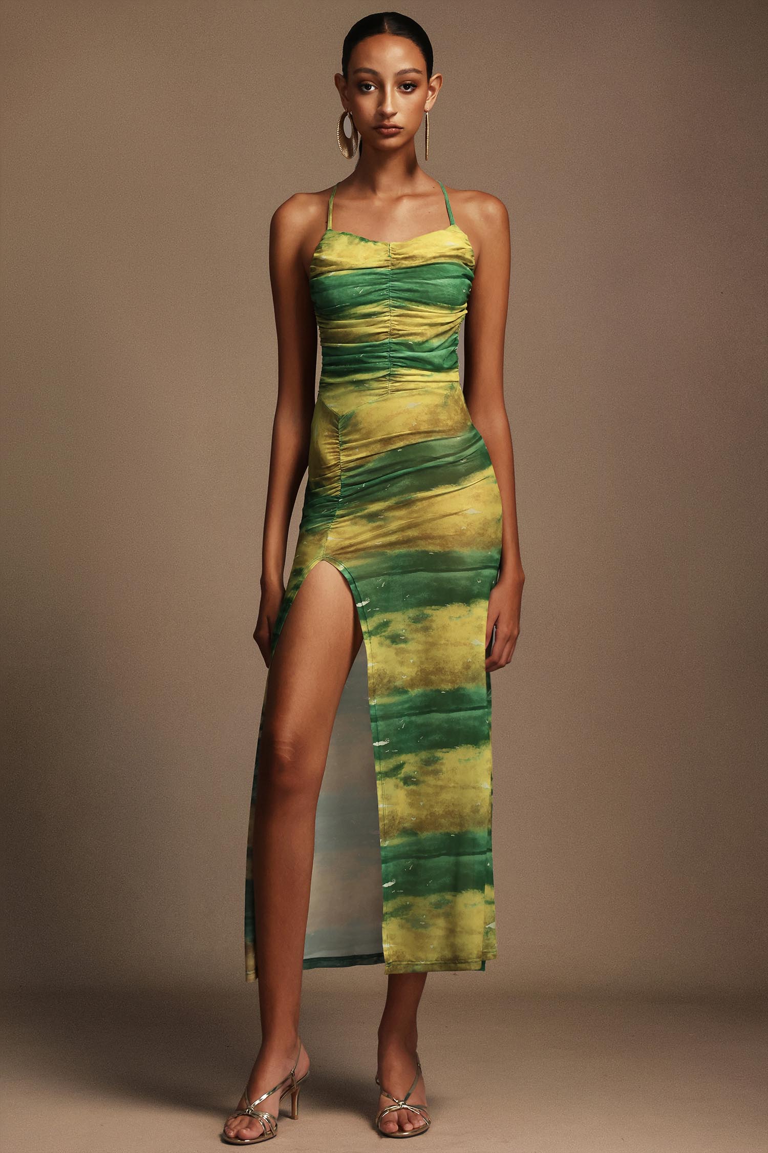 Irana Backless Sleeveless High Slit Printed Midi Dress