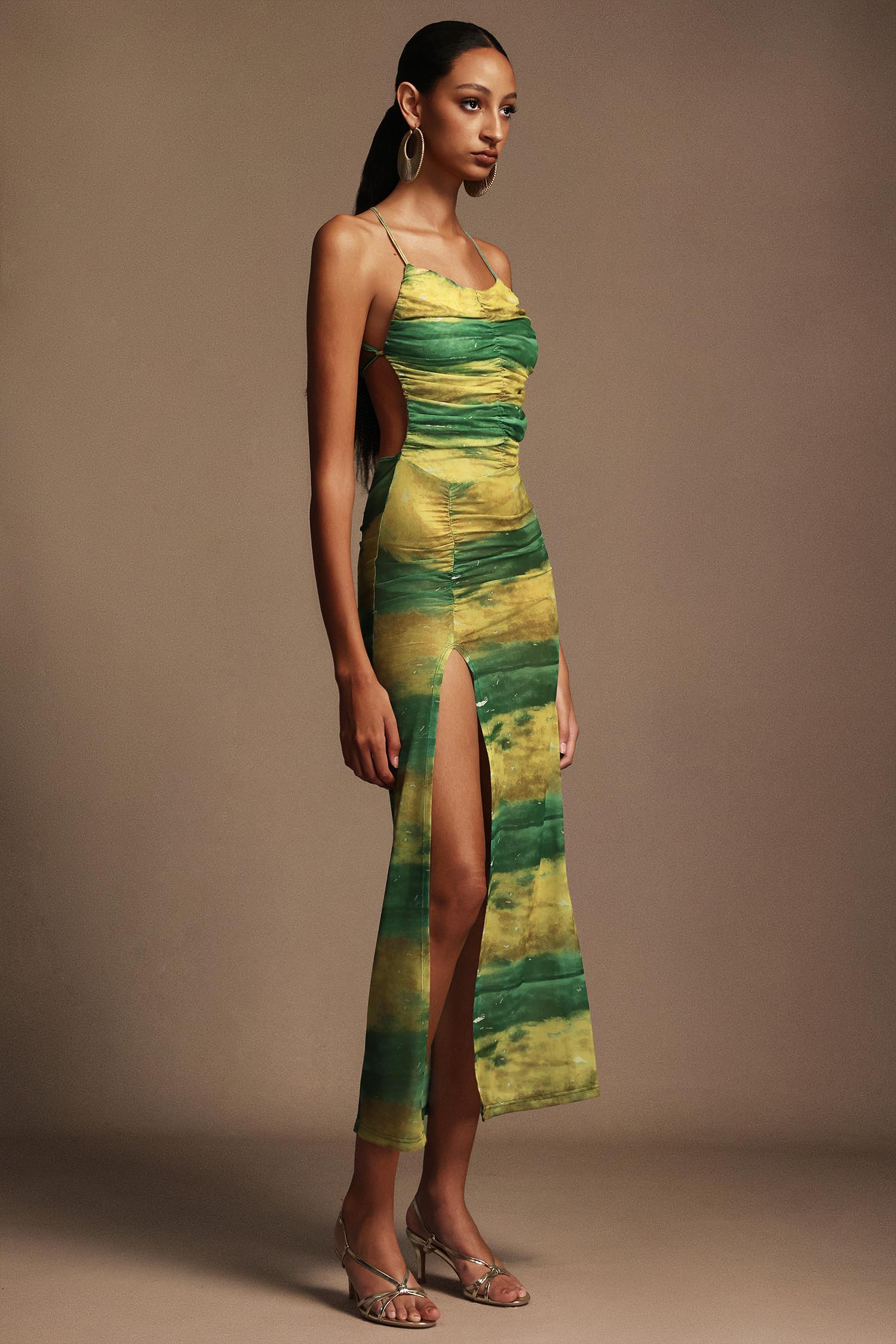 Irana Backless Sleeveless High Slit Printed Midi Dress