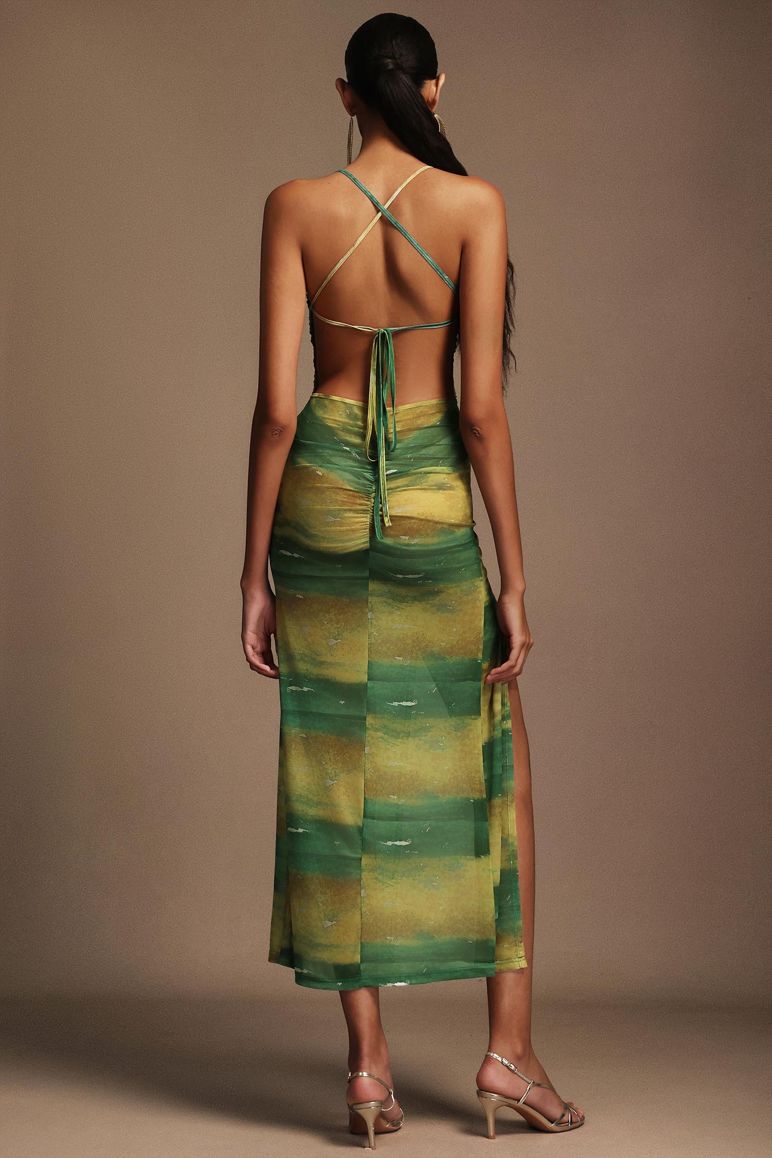 Irana Backless Sleeveless High Slit Printed Midi Dress