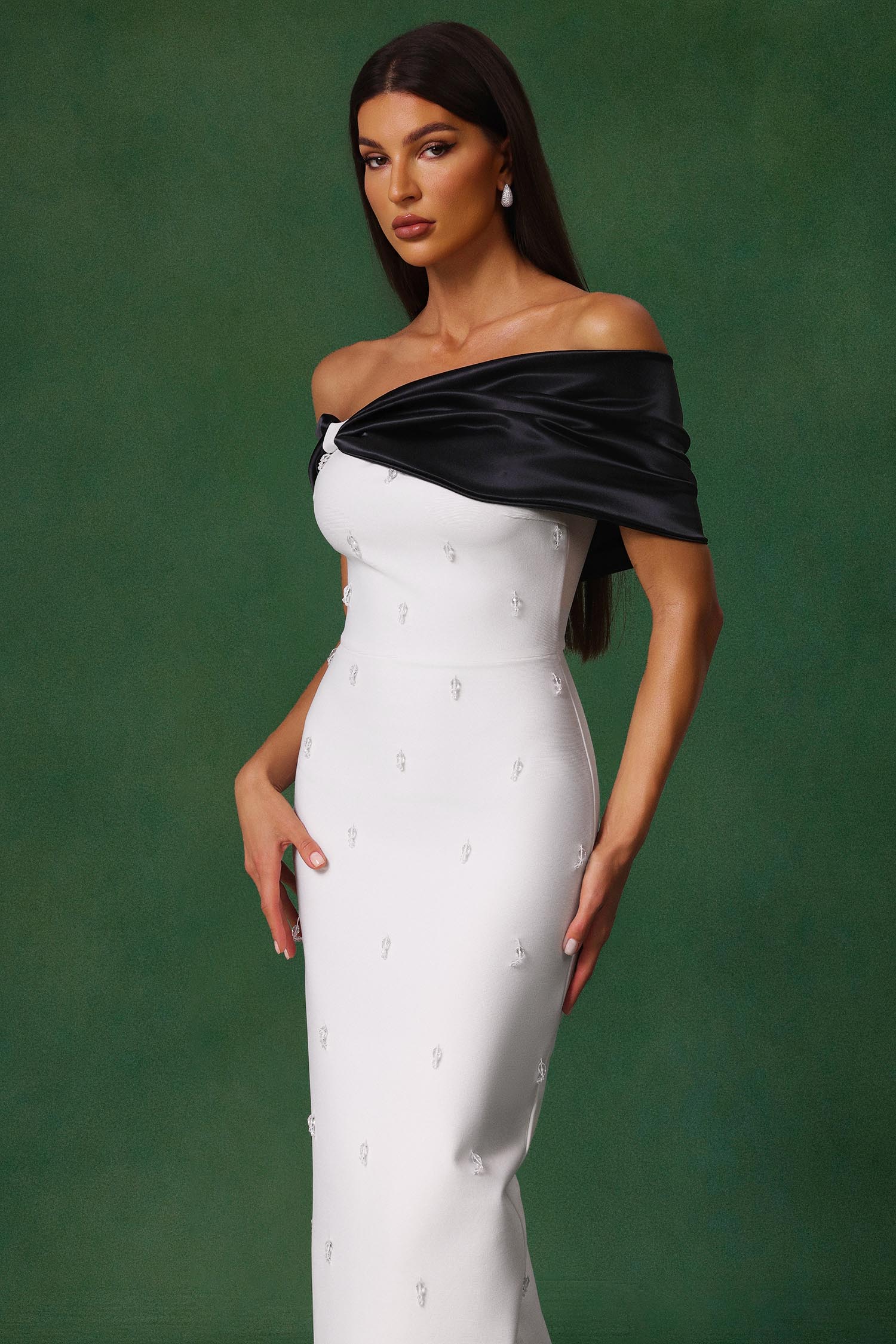 Sharla Off-The-Shoulder Diamond Bow Maxi Dress