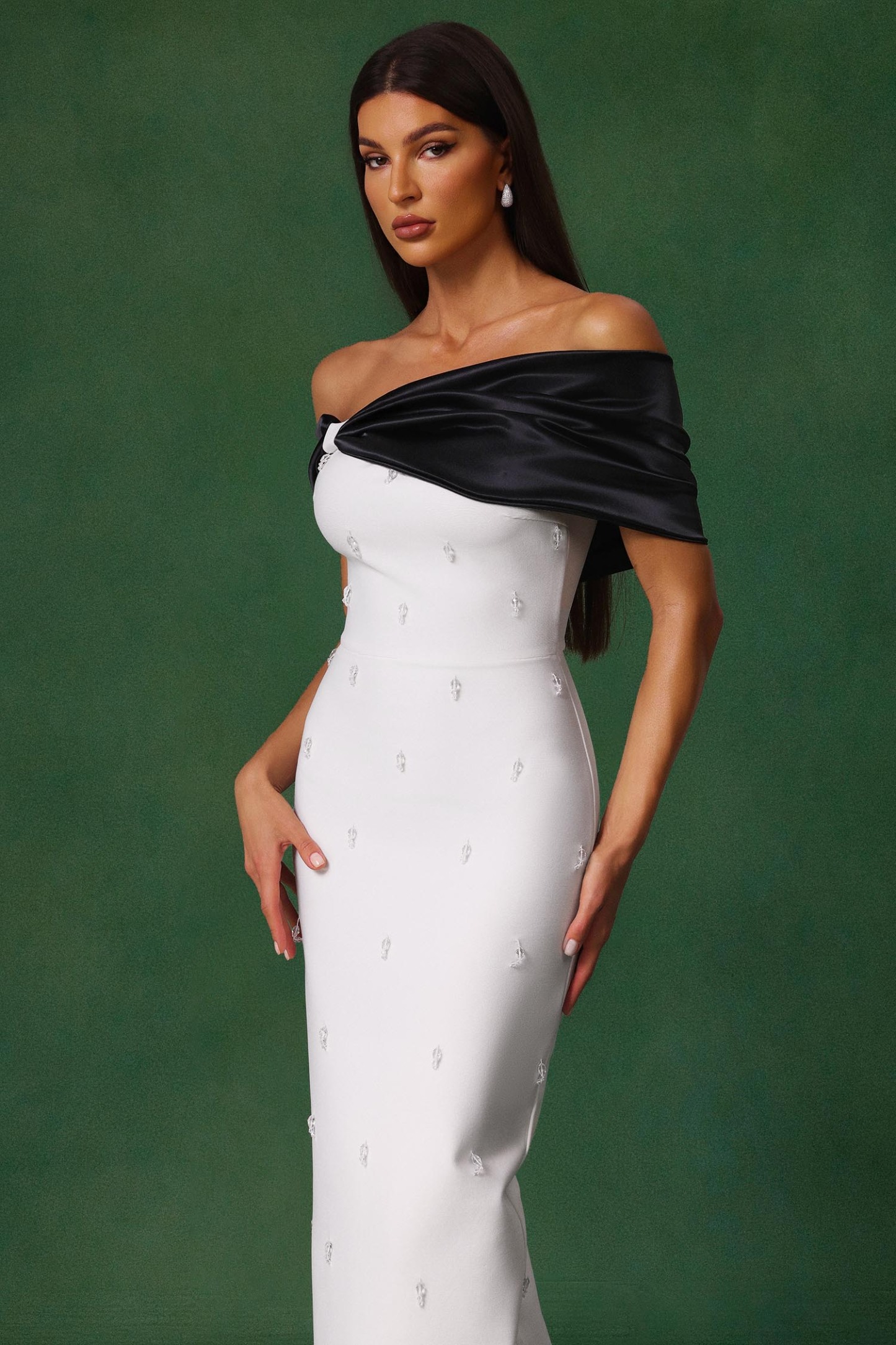 Sharla Off-The-Shoulder Diamond Bow Maxi Dress