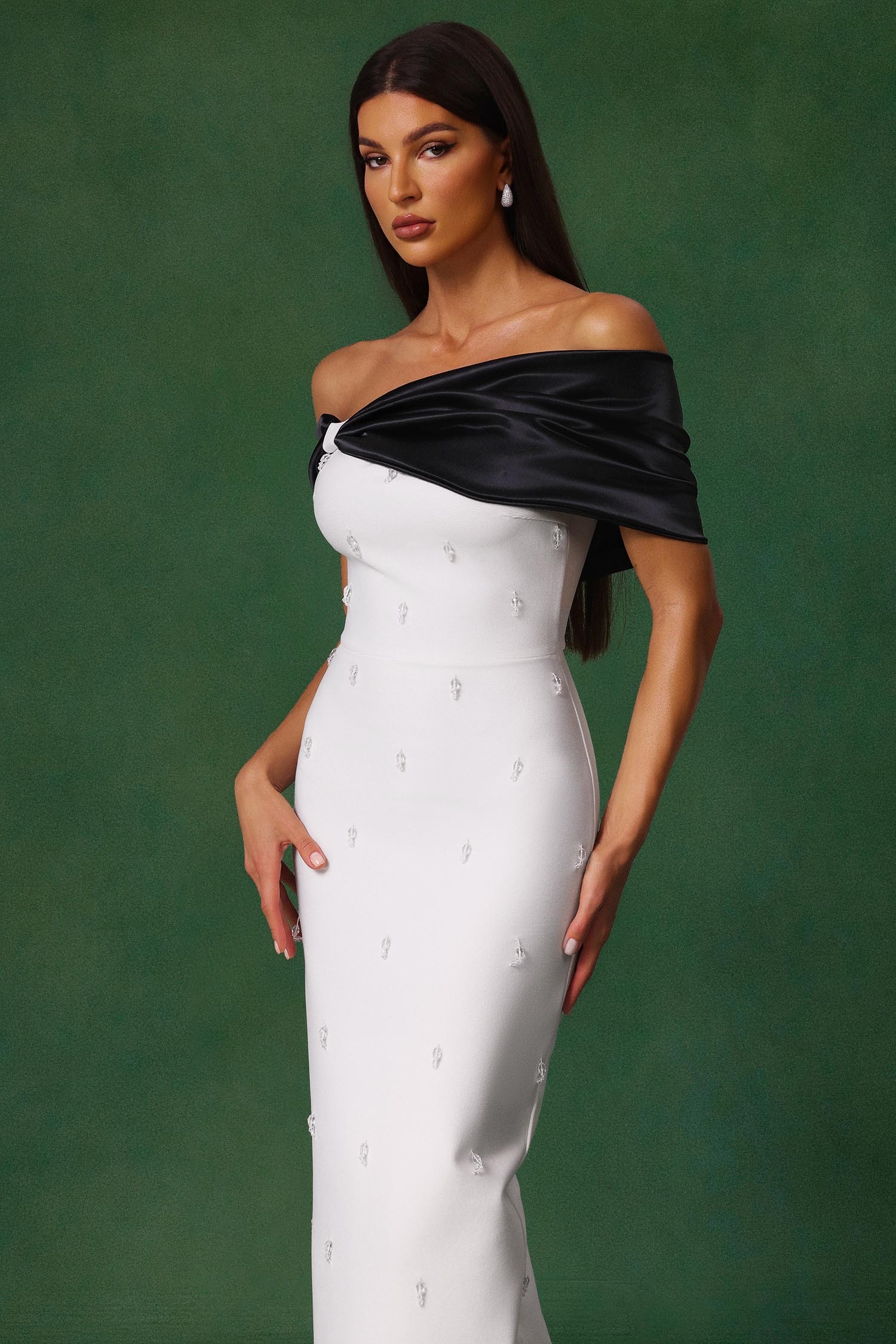 Sharla Off-The-Shoulder Diamond Bow Maxi Dress