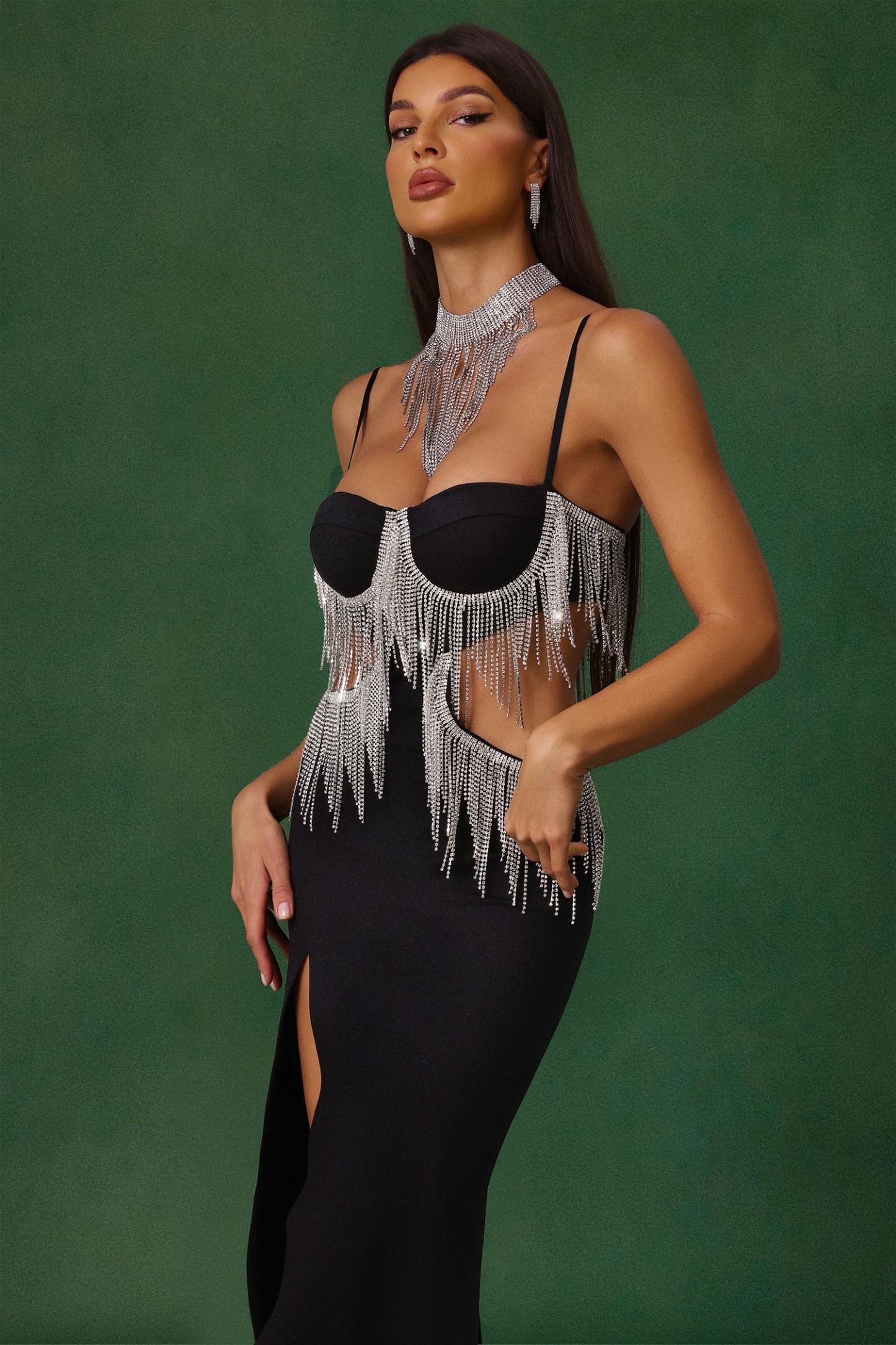 Jerlyn Sleeveless Diamond Tassels Slit Bandage Maxi Dress