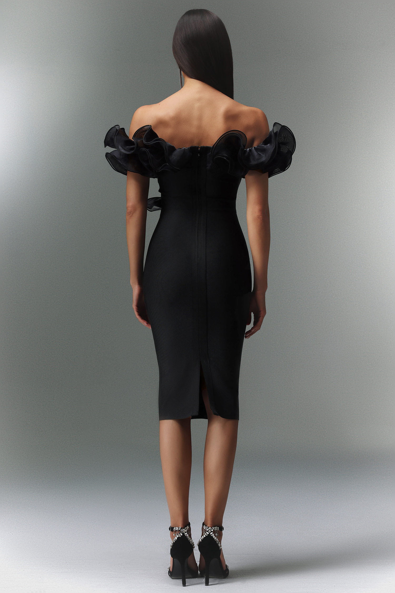 Leanna Off-The-Shoulder Flounce Bandage Midi Dress