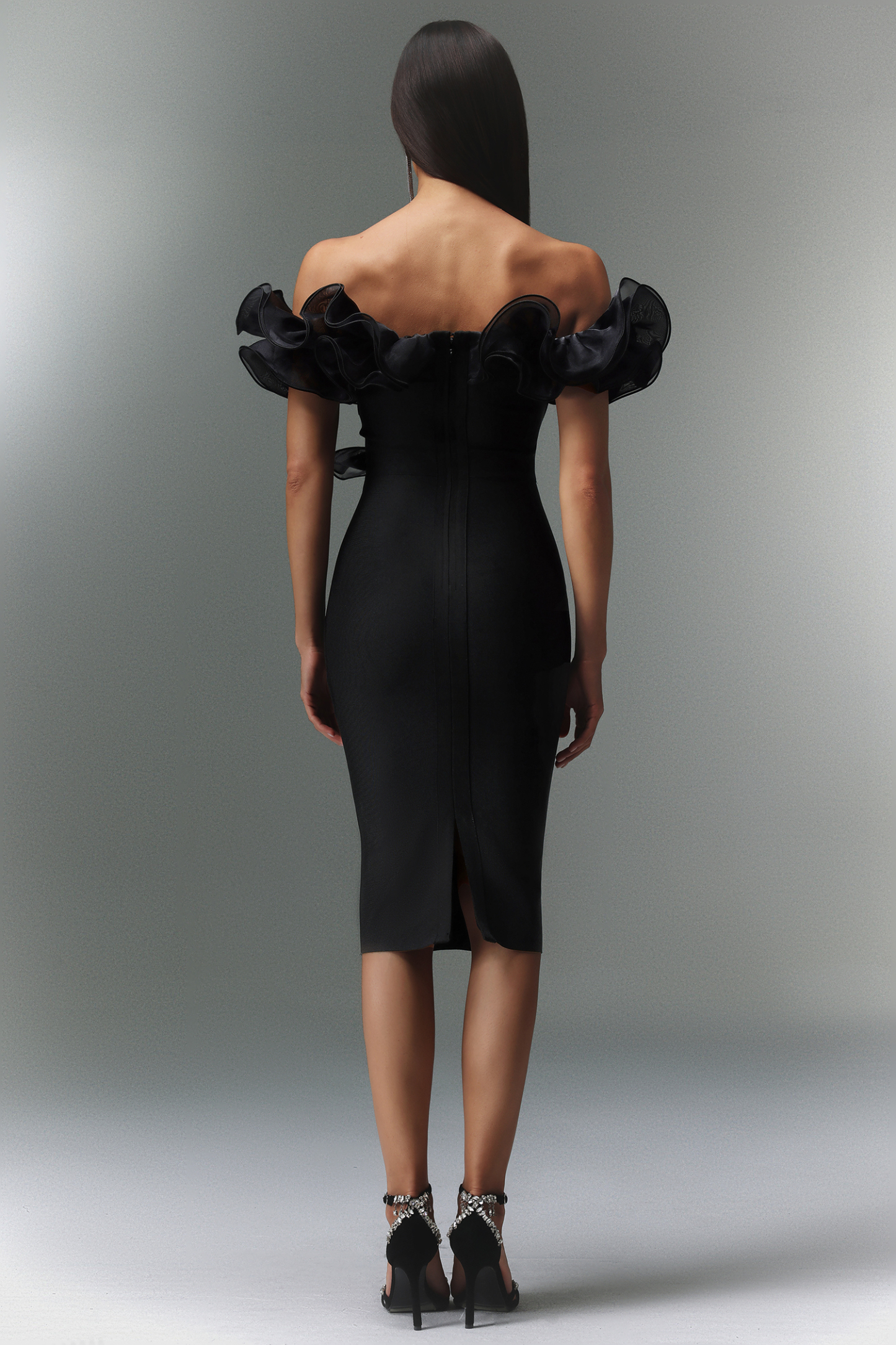 Leanna Off-The-Shoulder Flounce Bandage Midi Dress