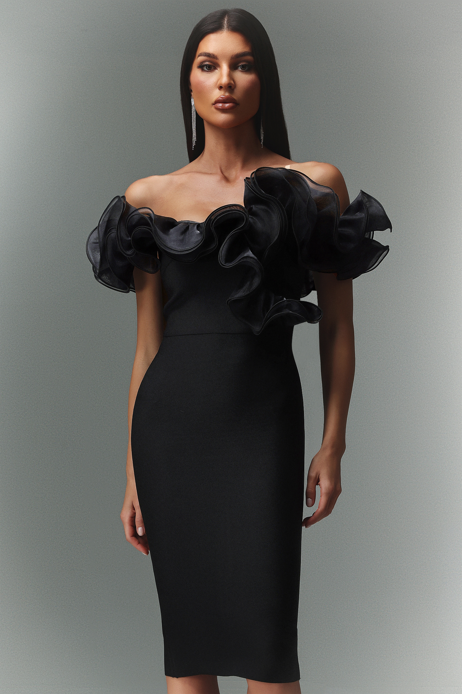 Leanna Off-The-Shoulder Flounce Bandage Midi Dress