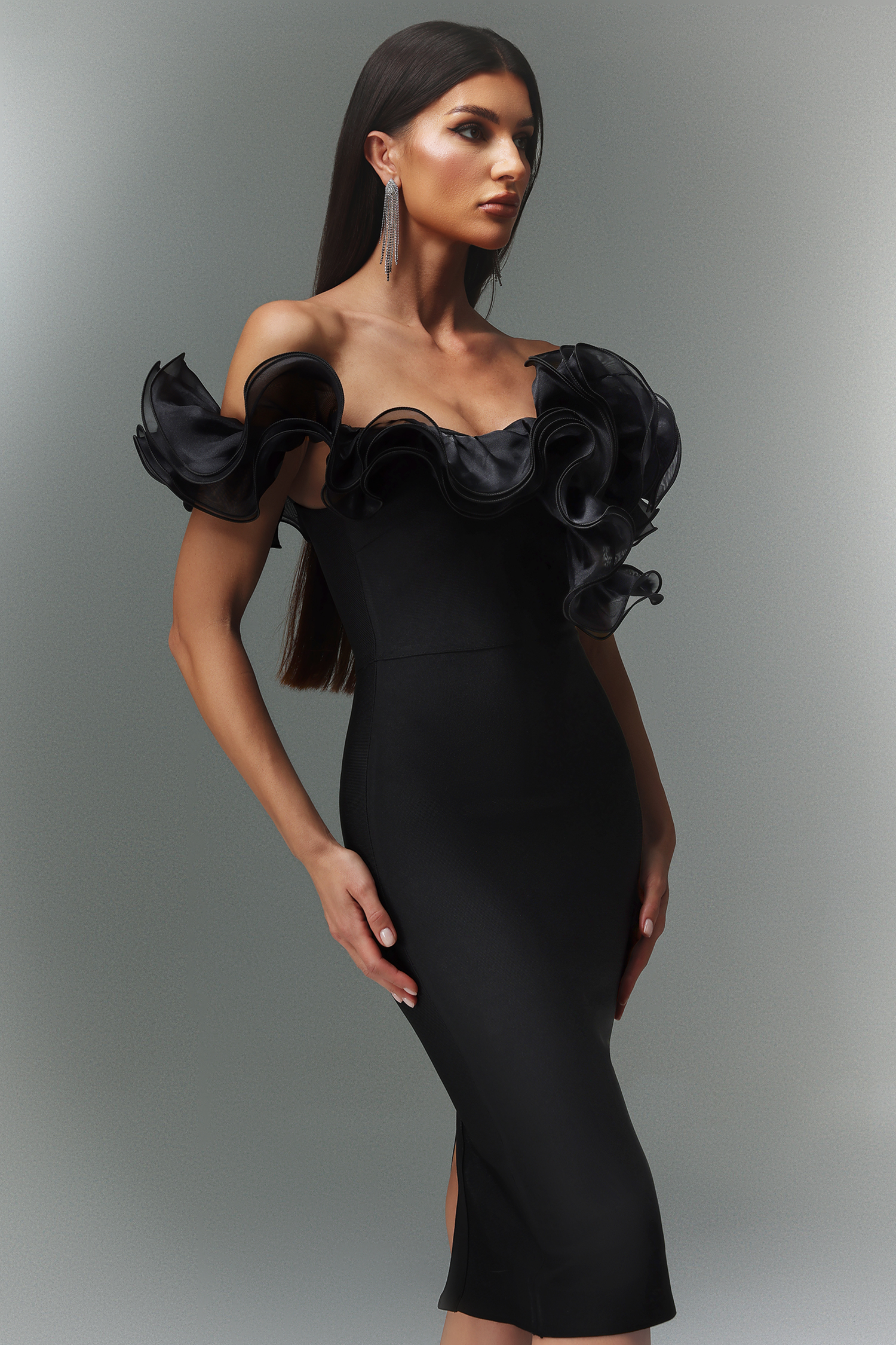 Leanna Off-The-Shoulder Flounce Bandage Midi Dress