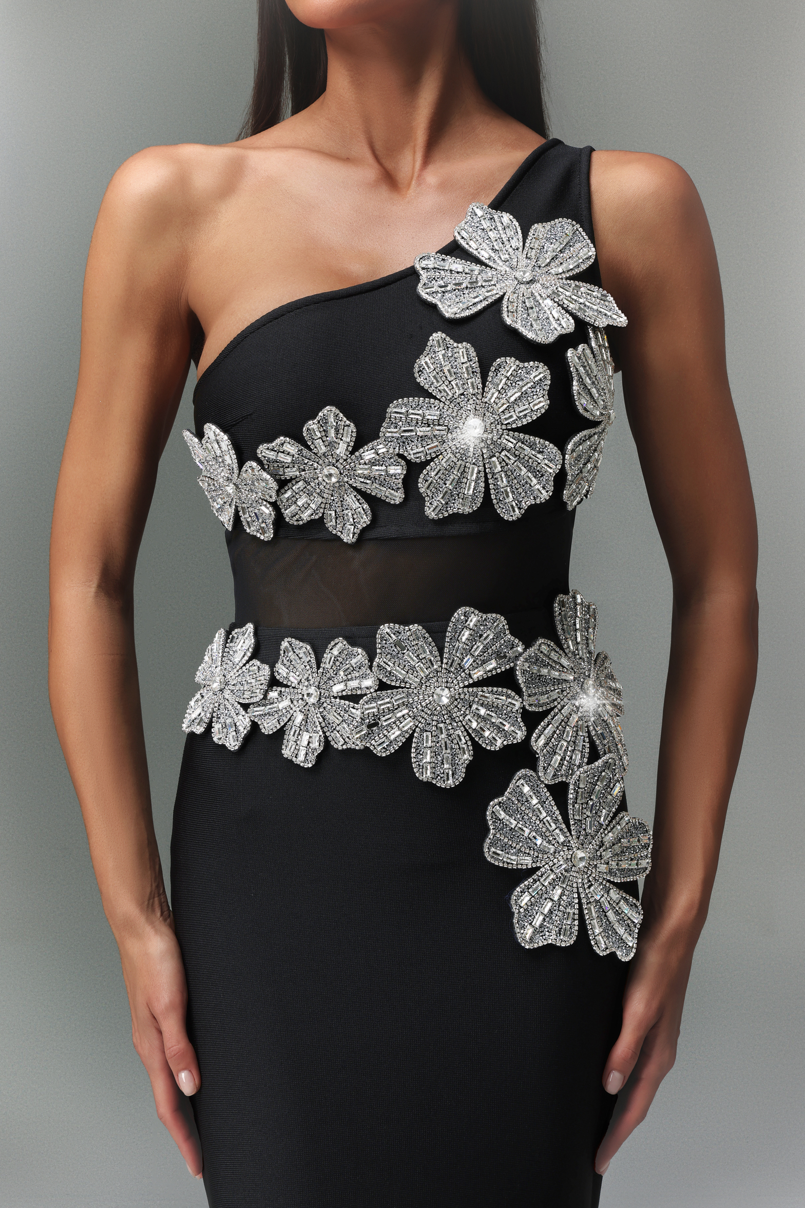 Retale One Shoulder Diamond Flowers Bandage Maxi Dress