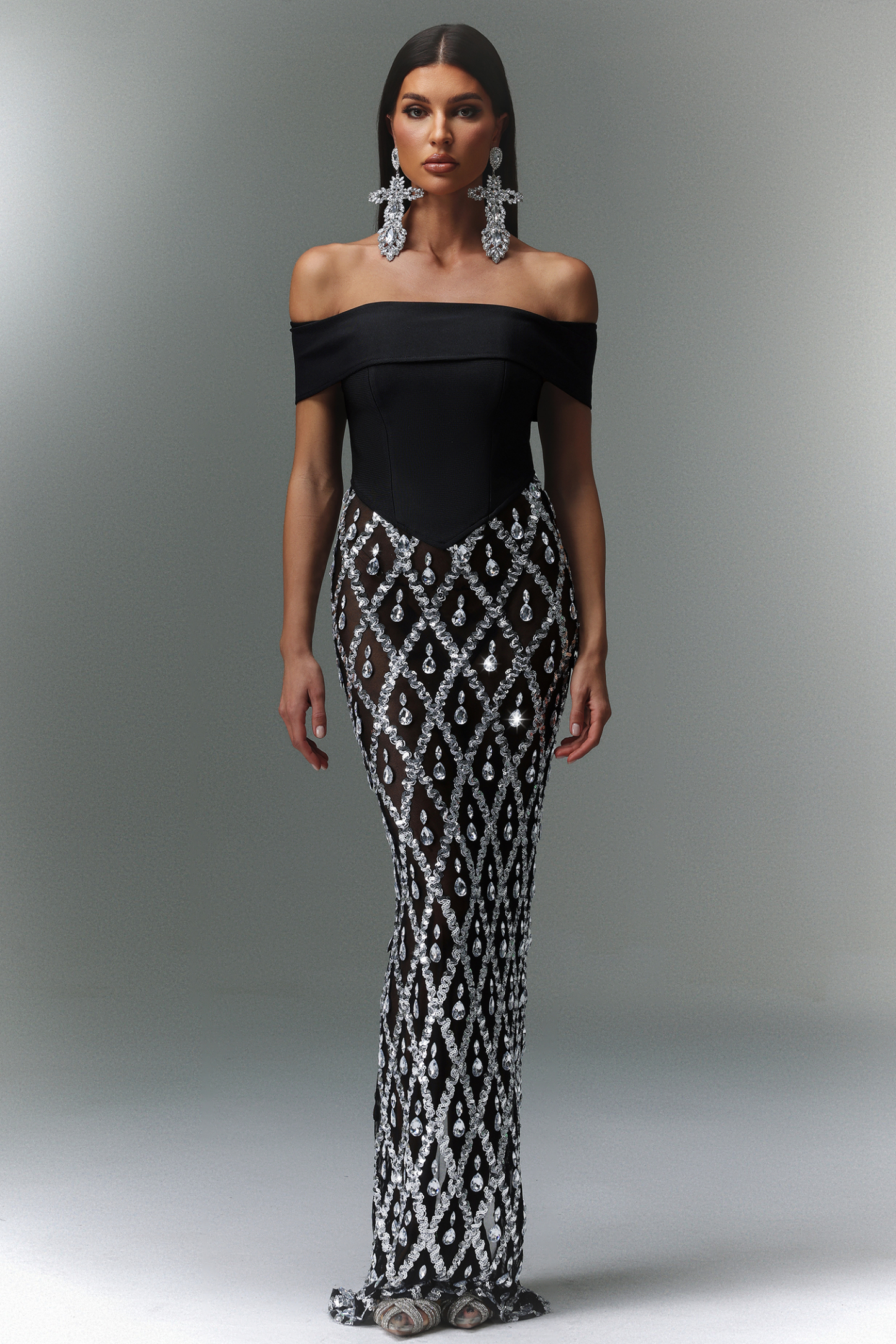 Masaka Off-The-Shoulder Diamond Maxi Dress