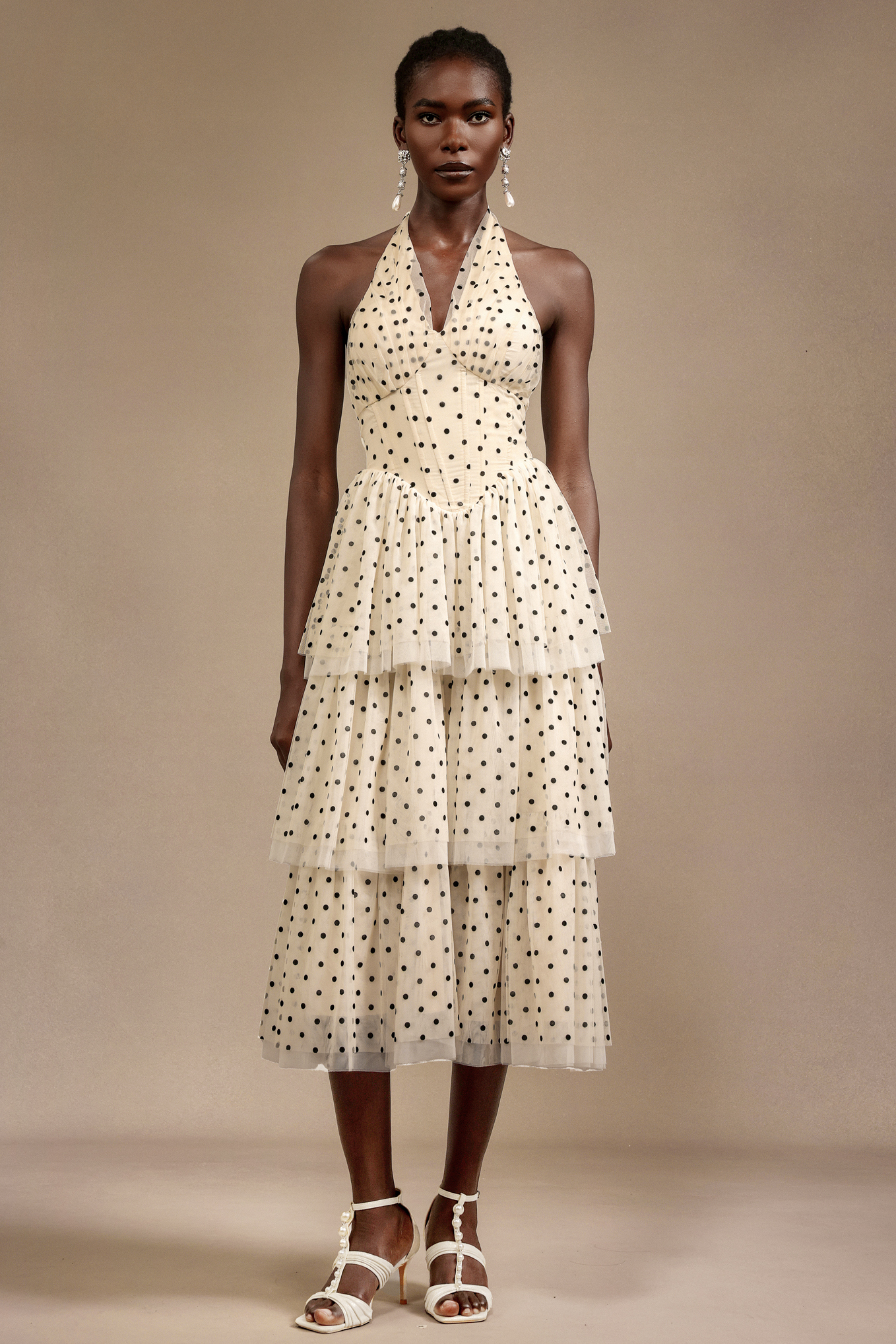 Julieta Sleeveless Dot Printed Layered Folds Midi Dress