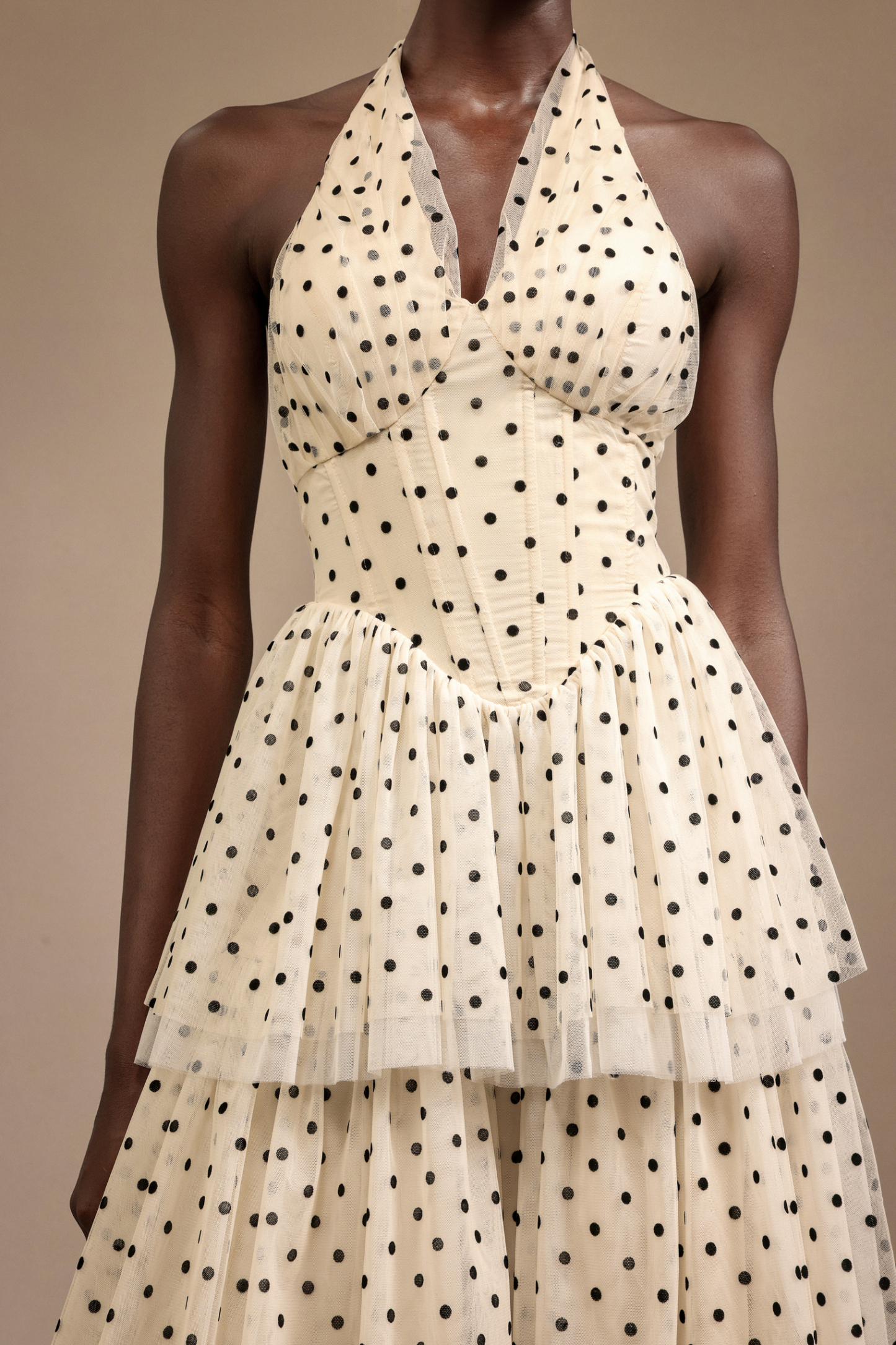Julieta Sleeveless Dot Printed Layered Folds Midi Dress