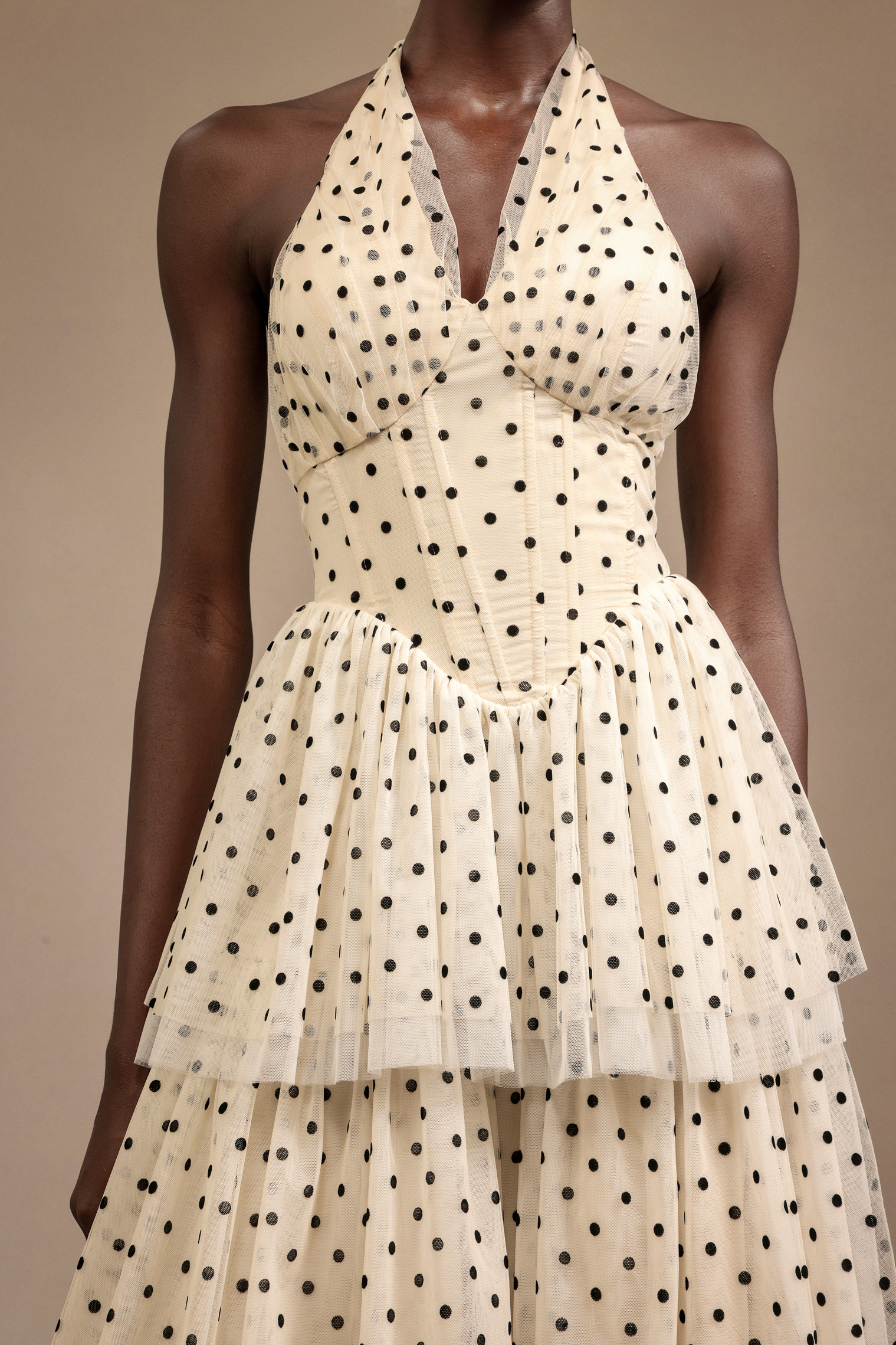 Julieta Sleeveless Dot Printed Layered Folds Midi Dress