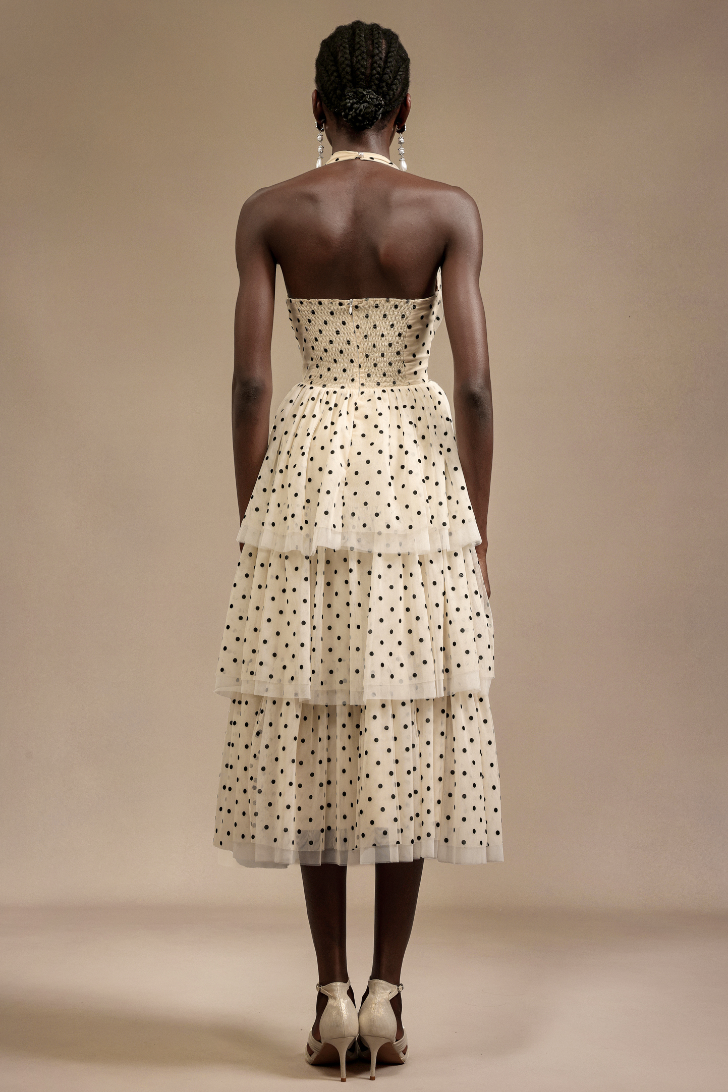 Julieta Sleeveless Dot Printed Layered Folds Midi Dress