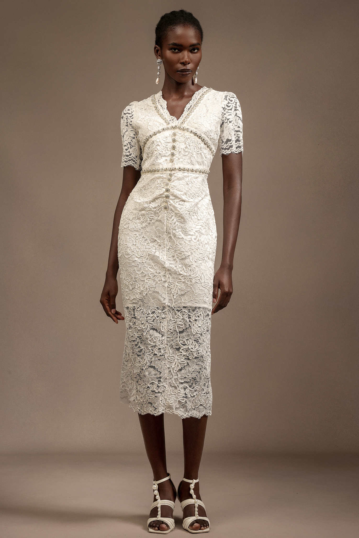 Ignacia V-Neck Short Sleeve Lace Midi Dress