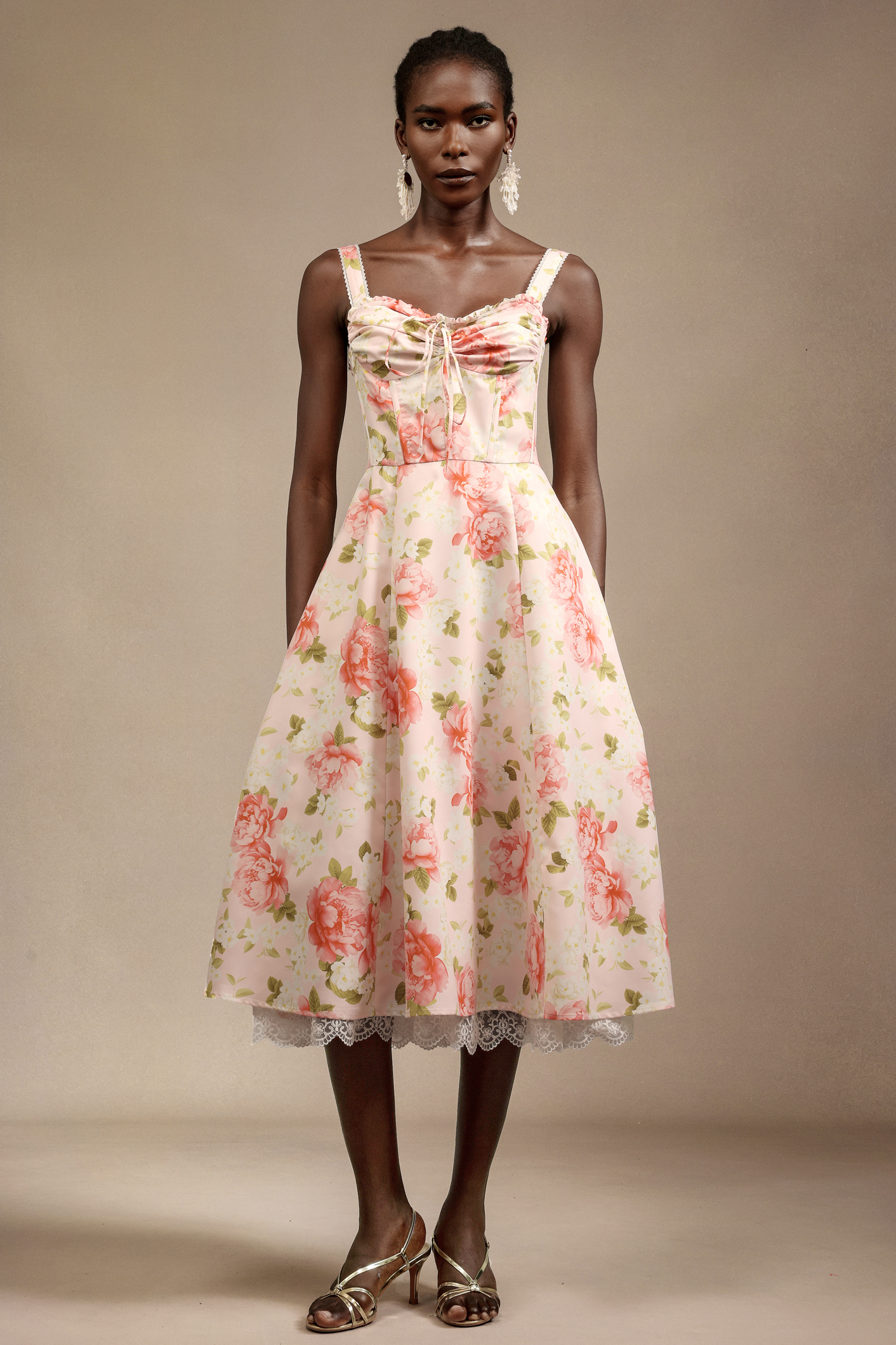 Venia Halter Floral Printed Bowknot Lace Midi Dress