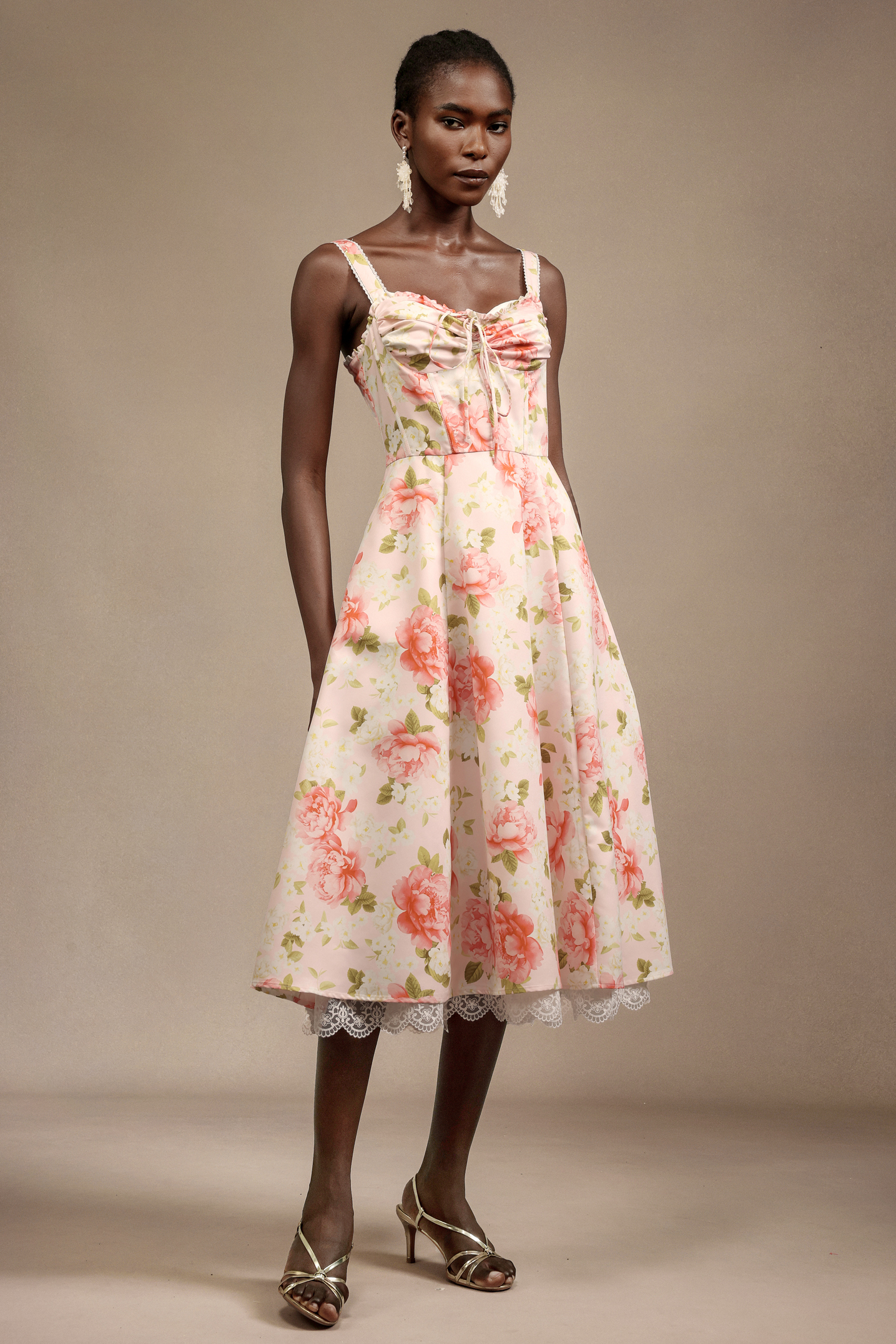 Venia Halter Floral Printed Bowknot Lace Midi Dress