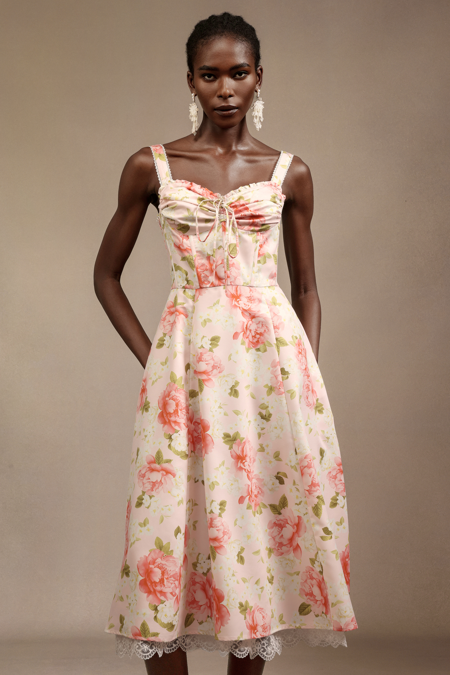 Venia Halter Floral Printed Bowknot Lace Midi Dress