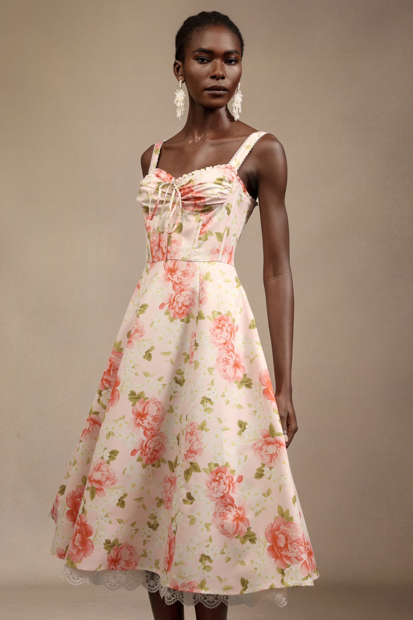 Venia Halter Floral Printed Bowknot Lace Midi Dress