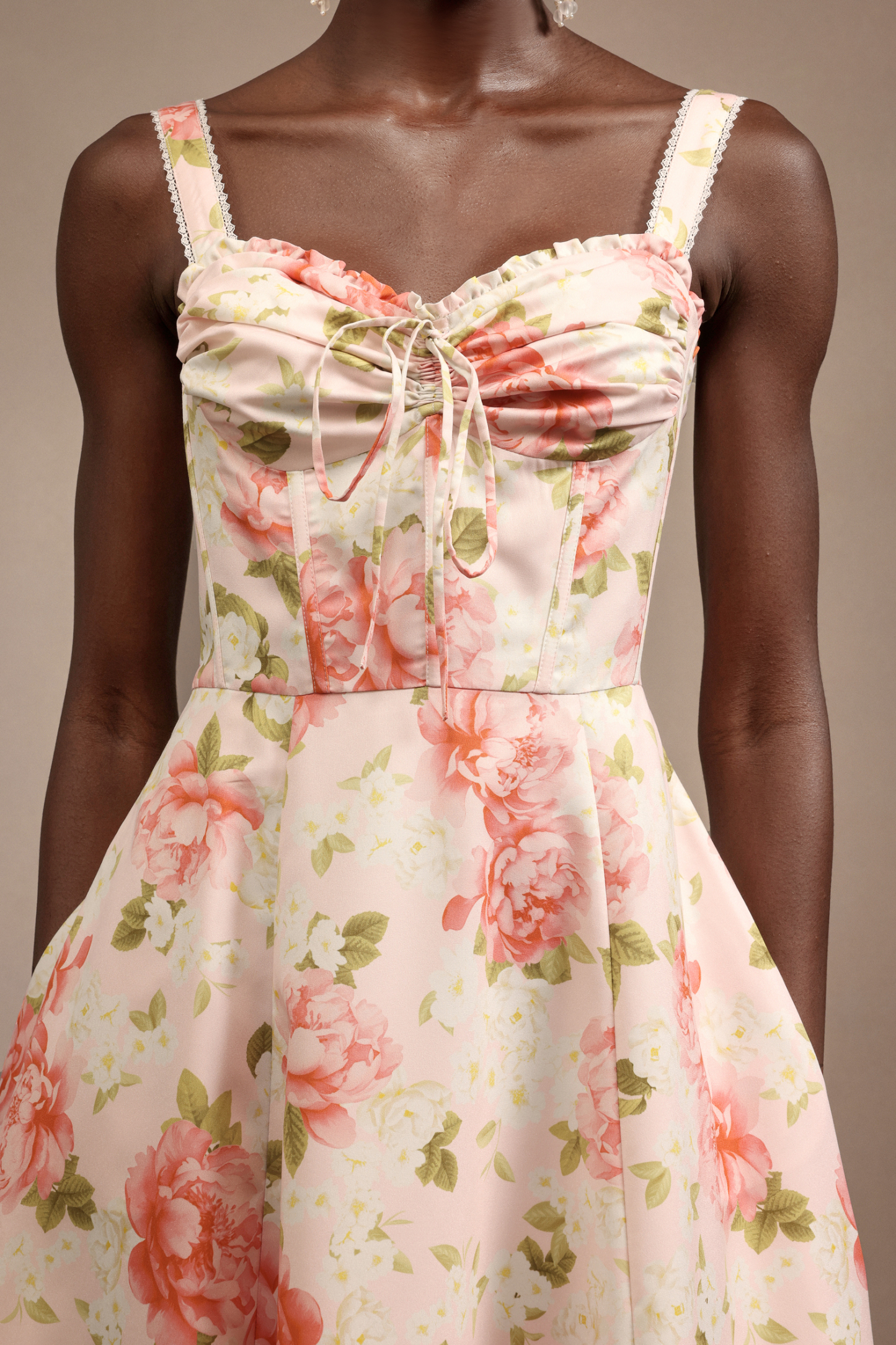 Venia Halter Floral Printed Bowknot Lace Midi Dress