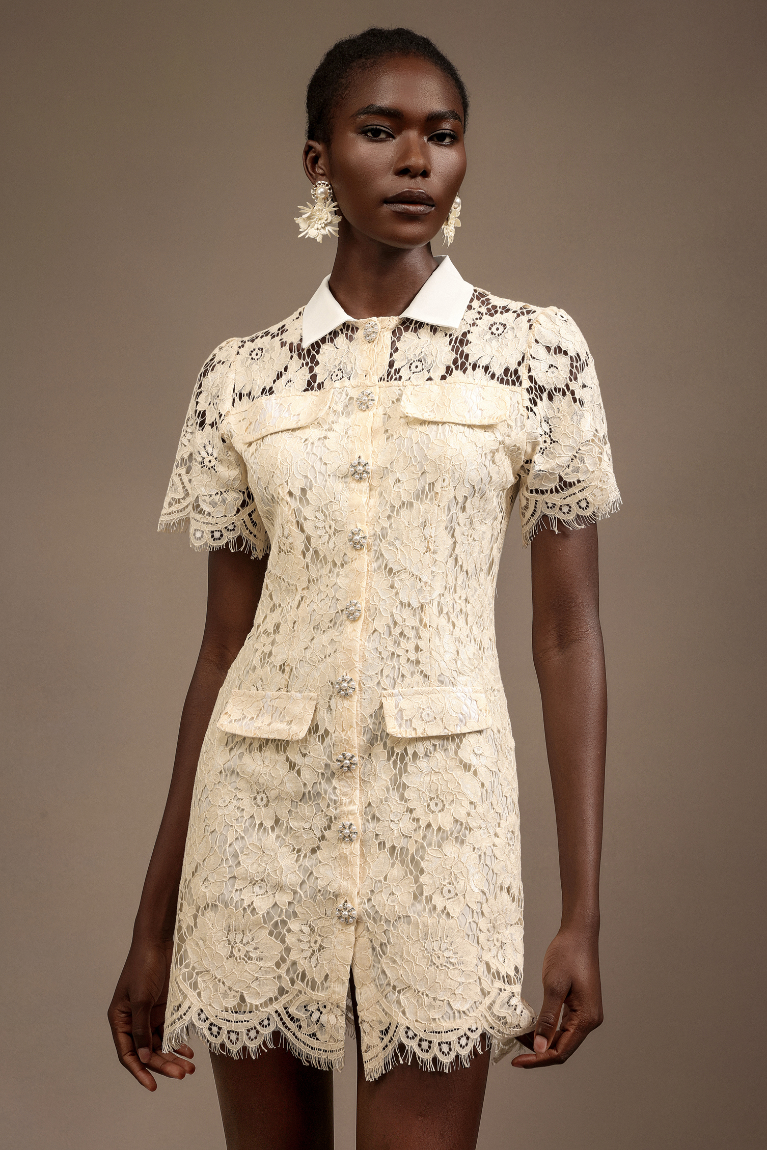 Marina Lapel Short Sleeves Lace Mini Dress